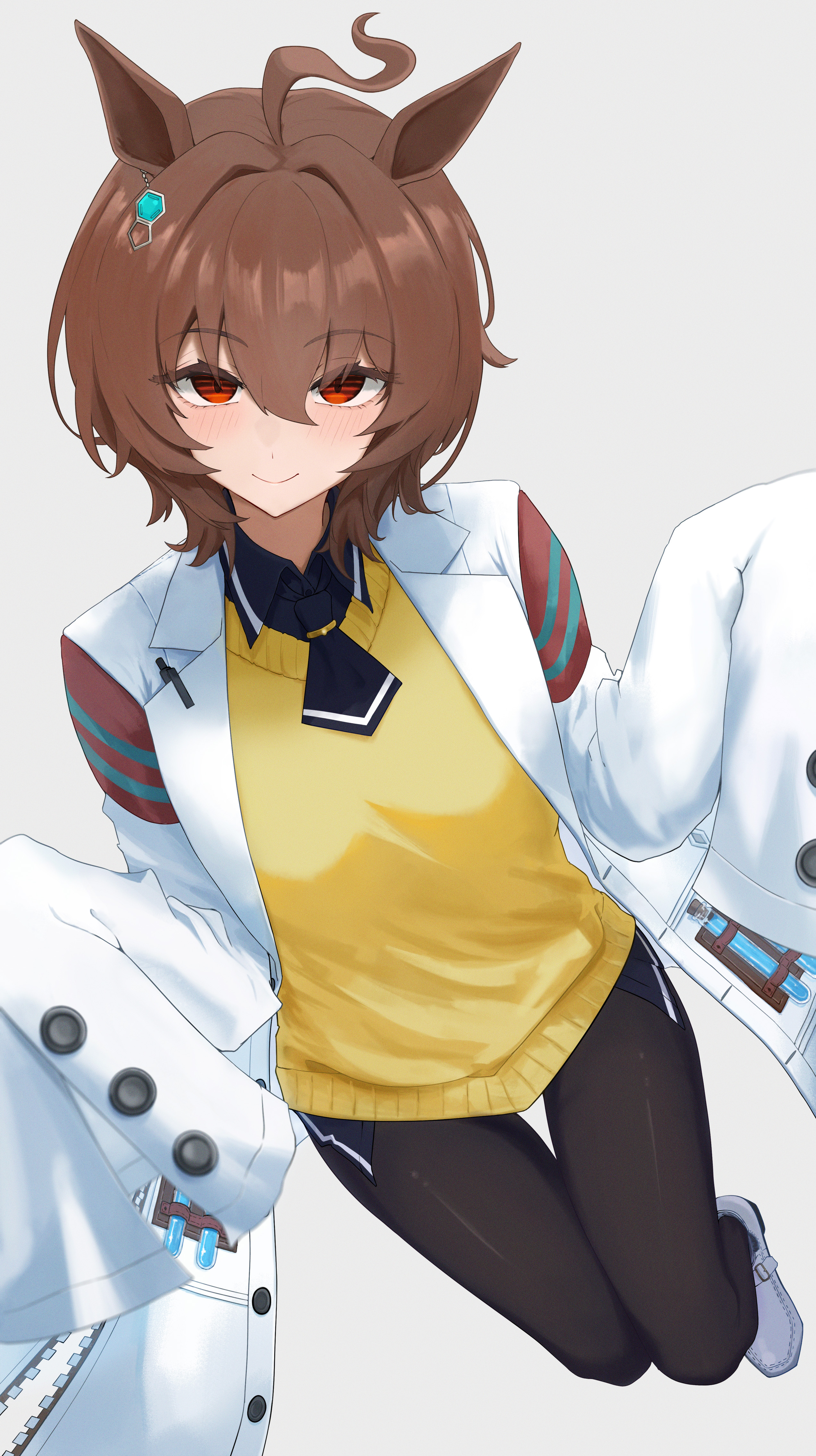 hexz, agnes tachyon (tach-nology) (umamusume), agnes tachyon (umamusume), umamusume, absurdres, commentary, english commentary, highres, 1girl, ahoge, animal ears, black necktie, black pantyhose, blush, breasts, brown hair, chemical structure, closed mouth, coat, earrings, hair between eyes, horse ears, horse girl, jewelry, lab coat, long sleeves, looking at viewer, medium hair, necktie, no tail, pantyhose, red eyes, shoes, short necktie, single earring, sleeves past fingers, sleeves past wrists, smile, solo, sweater, sweater vest, test tube, white coat, wolf cut, yellow sweater, yellow sweater vest