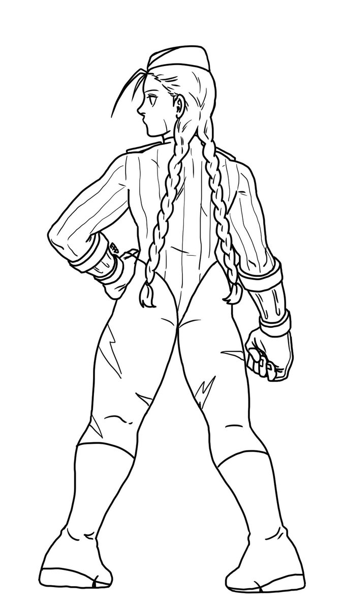 efd, cammy white, street fighter, archived source, commentary, english commentary, highres, 1girl, artist name, beret, boots, braid, camouflage paint, fingerless gloves, full body, gloves, hand on own hip, hat, leotard, looking to the side, paint, scar, scar on face, sleeveless, toned, toned female, twin braids