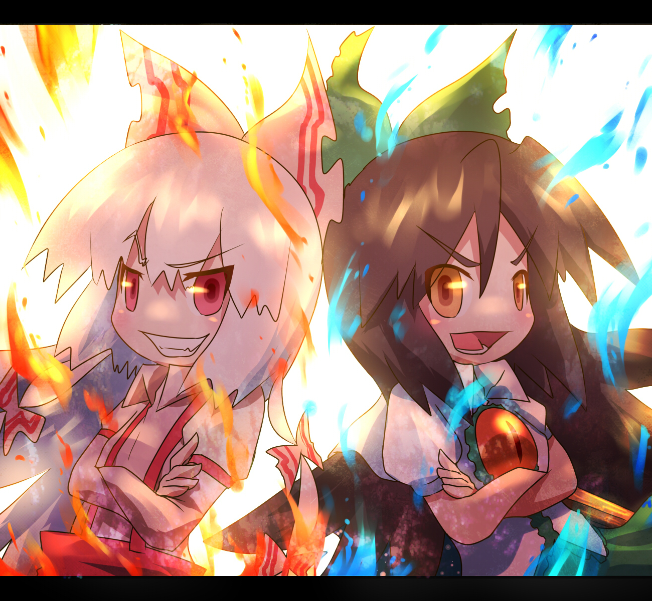 ayakashi (monkeypanch), fujiwara no mokou, reiuji utsuho, touhou, silver hair, bad id, bad pixiv id, highres, 2girls, bow, brown hair, female focus, fire, grin, hair bow, letterboxed, long hair, multiple girls, red eyes, smile, suspenders, wings