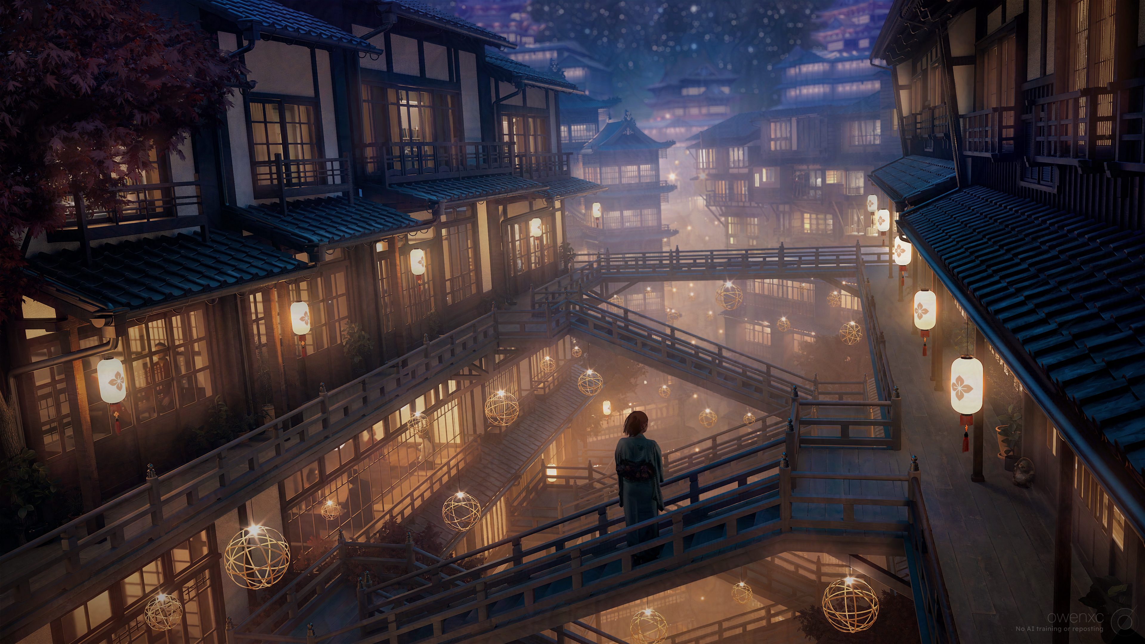 original, absurdres, commentary request, highres, 1girl, 3d, architecture, artist name, black hair, bridge, building, east asian architecture, from behind, hanging lantern, japanese clothes, kimono, lantern, night, outdoors, owenxc, paper lantern, scenery, short hair, solo, stairs, standing, urban, watermark