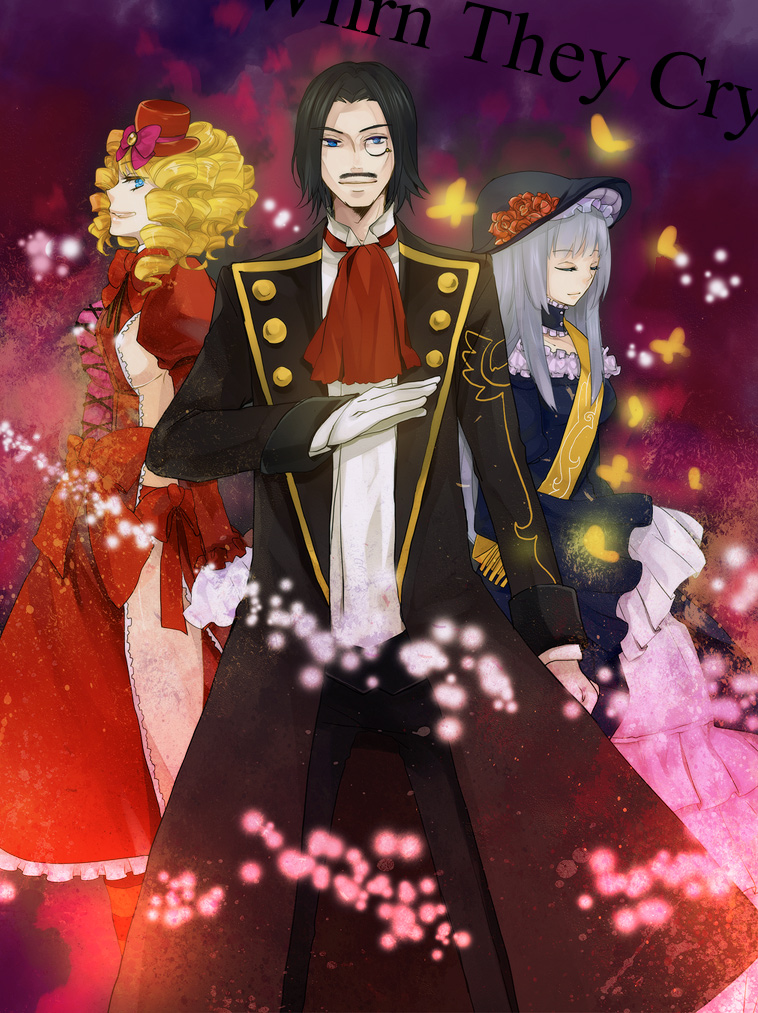 mayu (artist), gaap (umineko), ronove (umineko), virgilia (umineko), umineko no naku koro ni, silver hair, bad id, bad pixiv id, 00s, 1boy, 2girls, black hair, blonde hair, blue eyes, bow, breasts, bug, butterfly, choker, closed eyes, crest, dress, drill hair, facial hair, frills, hat, long hair, mini hat, mini top hat, monocle, multiple girls, mustache, necktie, ribbon, short hair, sideboob, smile, top hat