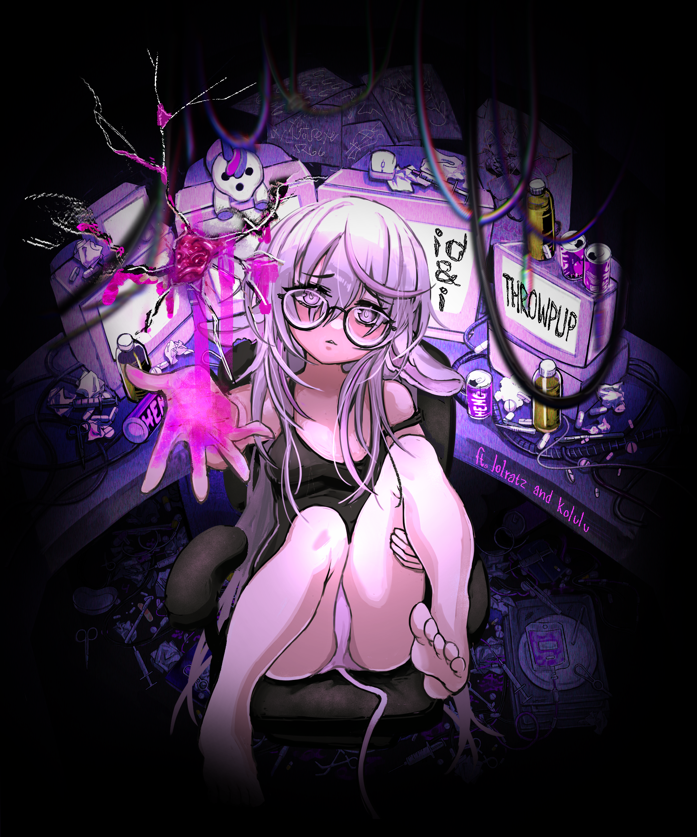 56koruru, absurdres, highres, non-web source, official art, promotional art, 1girl, animal ears, barefoot, black tank top, bleeding, blood, bottle, cable, can, chair, chromatic aberration, computer, crack, cracked glass, drink can, glasses, hair over shoulder, hand on own leg, hand up, head tilt, id and i, leg up, lolratz, long hair, looking at viewer, outstretched hand, panties, parted lips, pink blood, pink eyes, pink hair, seraline, sitting, solo, tank top, underwear, white panties
