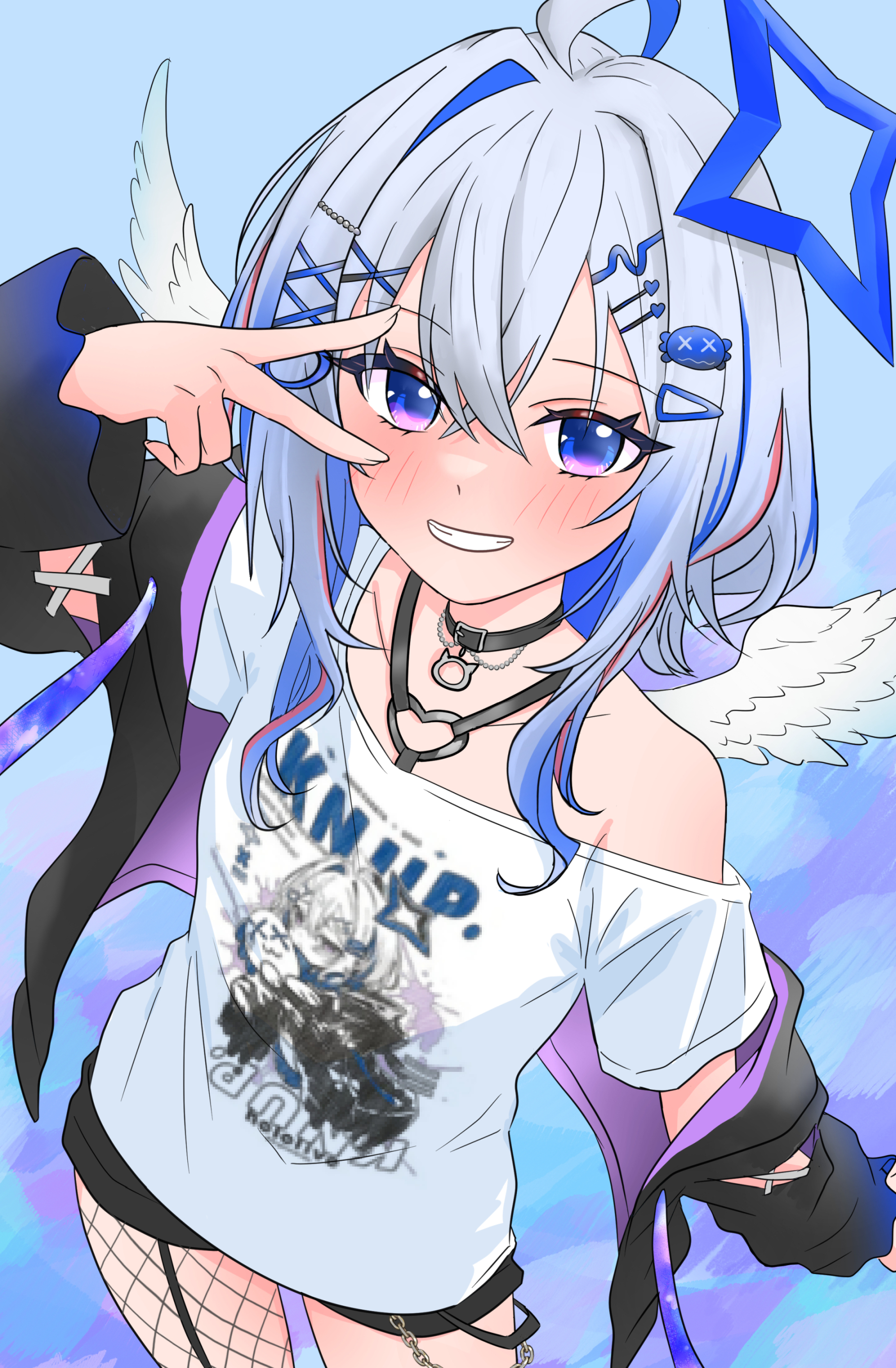 warg game, amane kanata, amane kanata (cutesy punk), hololive, absurdres, commentary request, highres, 1girl, ahoge, angel, angel wings, black choker, black jacket, black shorts, blue hair, blush, character print, choker, closed mouth, fishnet thighhighs, fishnets, halo, jacket, looking at viewer, medium hair, multicolored hair, official alternate costume, pink streaks, self character print, shirt, shorts, smile, solo, star halo, streaked hair, thighhighs, v, v over eye, virtual youtuber, white shirt, wings