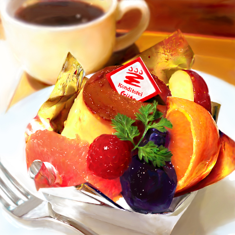 usatan (artist), original, apple, blueberry, blurry, cake, coffee, depth of field, food, food focus, fork, fruit, german text, grapefruit, orange (fruit), parsley, photorealistic, plum, pudding, raspberry, realistic, still life, watermelon