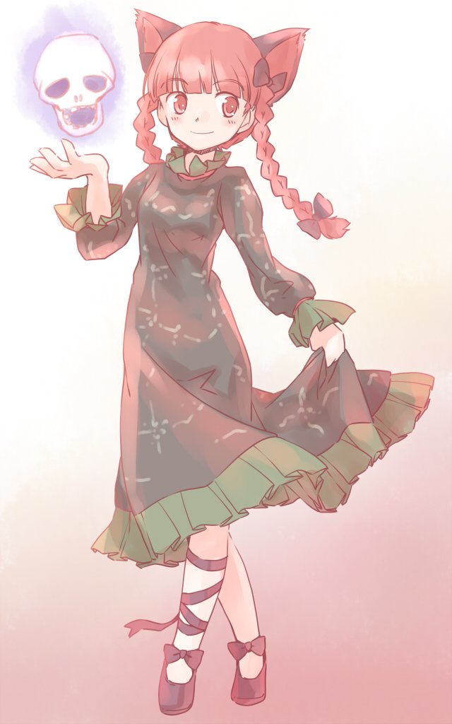 rangycrow, kaenbyou rin, touhou, commentary request, 1girl, animal ears, black bow, black shoes, bow, braid, cat ears, cat girl, crossed legs, dress, footwear bow, frilled dress, frills, full body, ghost, gradient background, green dress, hair bow, hand up, leg ribbon, long hair, long sleeves, one-hour drawing challenge, orange background, red eyes, red hair, ribbon, shoes, sideways glance, skirt hold, skull, smile, solo, standing, twin braids