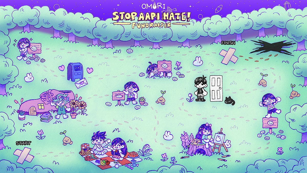 omocat, aubrey (headspace) (omori), aubrey (omori), basil (headspace) (omori), basil (omori), forest bunny (omori), hector (omori), hero (headspace) (omori), hero (omori), kel (headspace) (omori), kel (omori), mari (headspace) (omori), mari (omori), mewo, omori (omori), sprout mole, omori, commentary, english commentary, 2girls, 4boys, :>, antenna hair, apple, arm up, arms up, banana, barefoot, black eyes, black hair, black socks, black tank top, blue overalls, blue shirt, blush, bow, bright pupils, cactus, candy, cat, checkered clothes, chibi, chibi only, closed eyes, closed mouth, collared pajamas, collared shirt, colored skin, copyright name, door, double-parted bangs, easel, english text, envelope, flower, flower pot, flower wreath, food, footprints, fruit, gladiolus, grapes, grass, green eyes, green hair, green shirt, grin, hair between eyes, hair bow, head wreath, lily of the valley, long hair, long shirt, looking at viewer, lying, mailbox (omori), multiple boys, multiple girls, on side, on tree stump, open mouth, overall shorts, overalls, paintbrush, painting (object), pajamas, pants, pet rock, picnic basket, picnic blanket, pink bow, plant, pleated skirt, potted plant, purple eyes, purple hair, purple shorts, purple sky, purple sweater vest, red flower, red rose, red skirt, rose, seiza, shirt, shoes, short hair, short sleeves, shorts, sidelocks, sign, sitting, skirt, sky, smile, socks, sparkle, standing, standing on one leg, striped clothes, striped pajamas, striped pants, striped shorts, sunflower, sweater vest, t-shirt, tank top, teeth, tofu, tree, tree stump, tulip, vertical-striped clothes, vertical-striped pajamas, vertical-striped pants, vertical-striped shorts, white flower, white pajamas, white pants, white pupils, white shirt, white shorts, white skin, white tulip