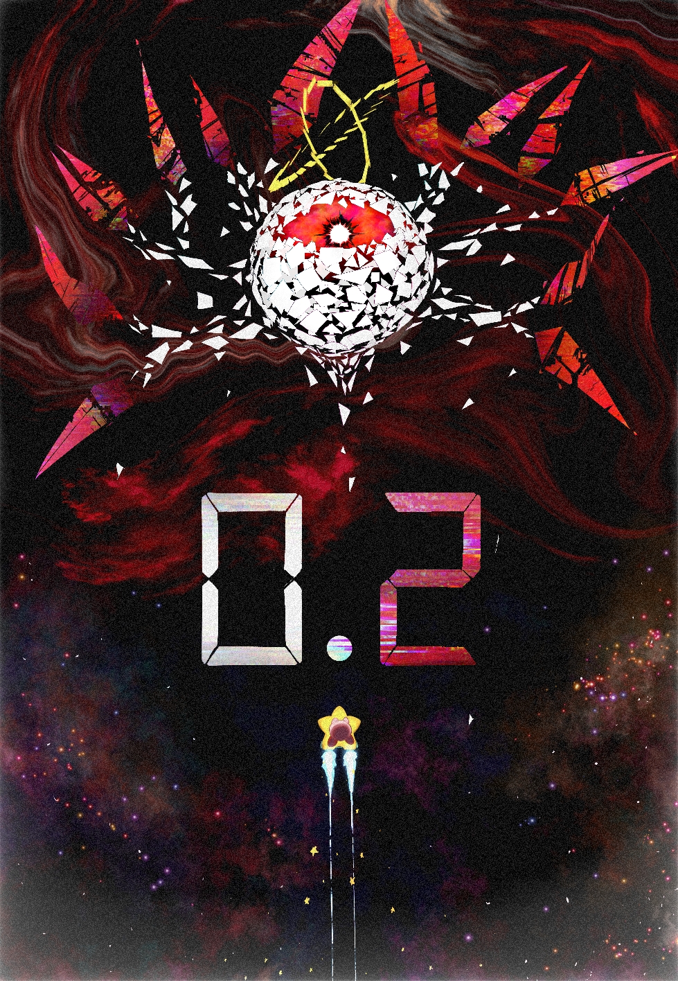 otofu (vadt8327), kirby, zero two (kirby), kirby (series), kirby air ride, kirby air riders, nintendo, commentary request, highres, colored skin, glitch, halo, no humans, one-eyed, pink skin, star (symbol), warp star, yellow halo