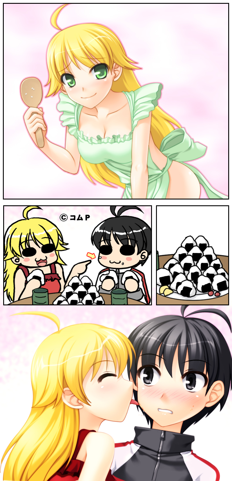 totokichi, hoshii miki, kikuchi makoto, idolmaster, idolmaster (classic), bad id, bad pixiv id, highres, long image, tall image, 00s, 2girls, :3, ahoge, androgynous, antenna hair, apron, black eyes, black hair, blonde hair, blush, breasts, cleavage, cup, food, food on face, green eyes, licking, long hair, multiple girls, naked apron, onigiri, plate, reverse trap, rice, saliva, short hair, small breasts, surprised, yuri