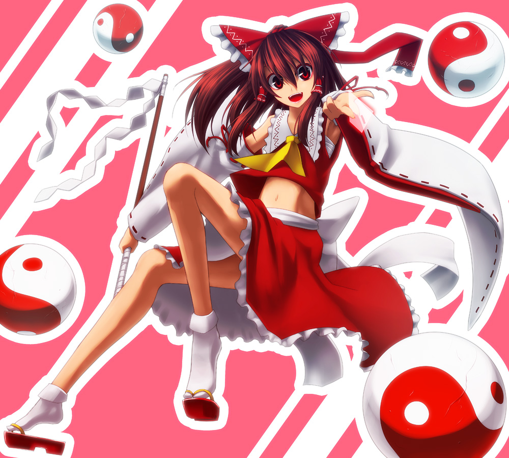 din (artist), din (flypaper), hakurei reimu, imperishable night, touhou, bad id, bad pixiv id, 1girl, between fingers, bow, brown hair, detached sleeves, female focus, gohei, half updo, holding, japanese clothes, long hair, midriff, miko, navel, open mouth, orb, red eyes, ribbon, sandals, shoe dangle, smile, solo, spell card, yin yang