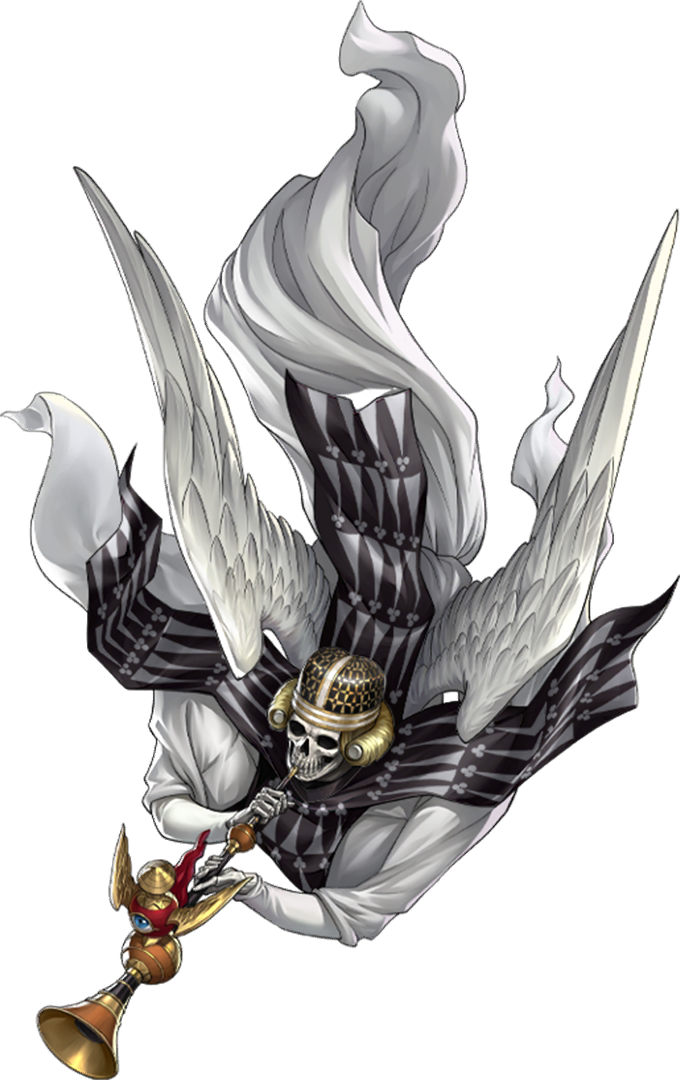 trumpeter (megami tensei), persona, persona 5, persona 5: the phantom x, shin megami tensei, artist request, official art, third-party source, 1boy, angel, angel wings, demon (megami tensei), feathered wings, hat, holding, holding instrument, holding trumpet, instrument, robe, skull, solo, transparent background, trumpet, white robe, white wings, wings