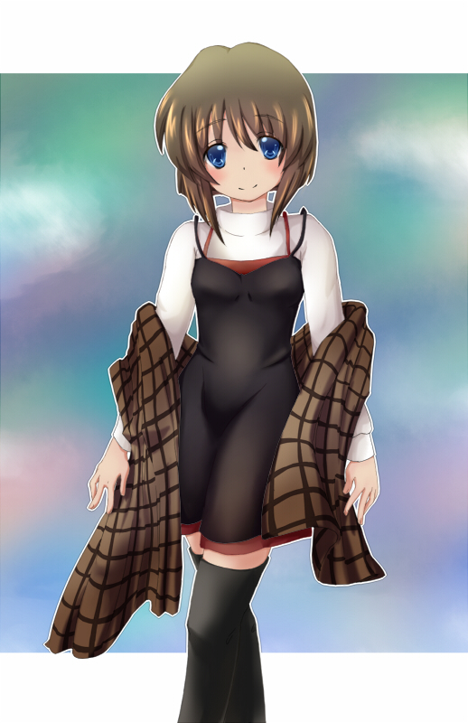 hey (artist), misaka shiori, kanon, blue eyes, brown hair, shawl, short hair, solo, thighhighs