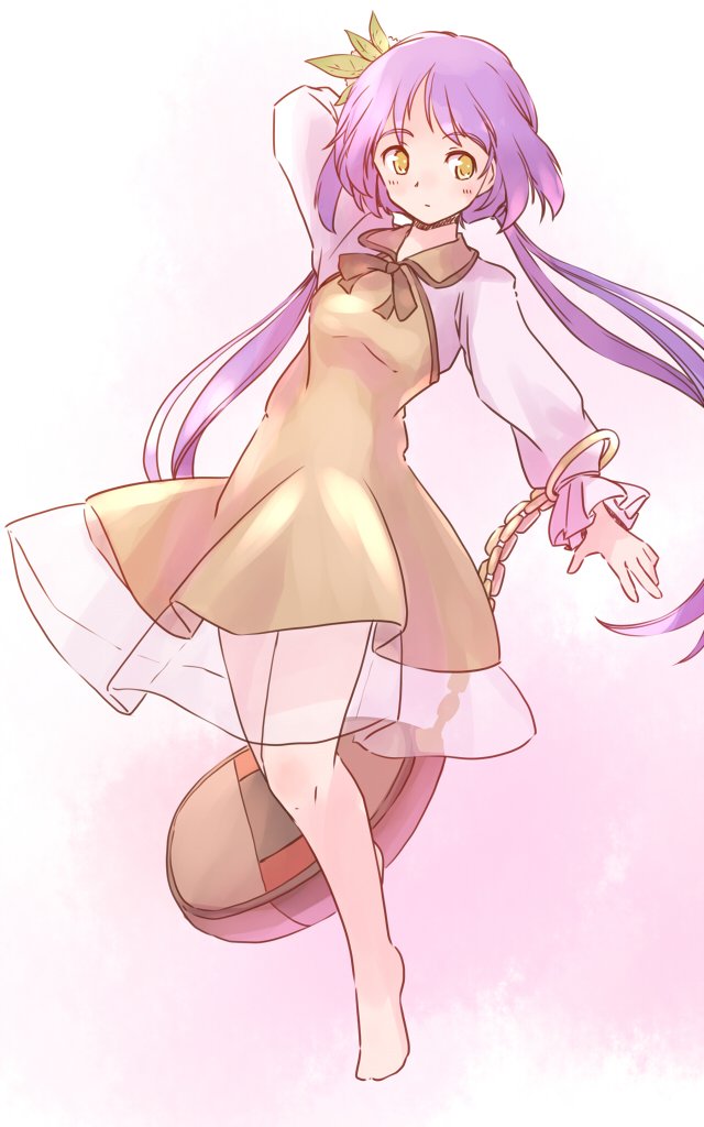 rangycrow, tsukumo benben, touhou, commentary request, 1girl, arm up, barefoot, biwa lute, black ribbon, blush, breasts, brown dress, chain, closed mouth, collared dress, dot mouth, dress, flower, full body, gold chain, gradient background, hair flower, hair ornament, instrument, knees, long hair, long sleeves, lute (instrument), medium breasts, no toes, one-hour drawing challenge, pink background, purple hair, ribbon, see-through clothes, see-through skirt, shirt, sideways glance, skirt, solo, thighs, twintails, white shirt, yellow dress, yellow eyes