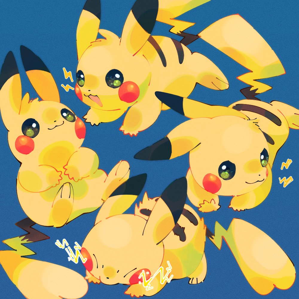 satan (zoroa553), pikachu, nintendo, pokemon, commentary request, animal focus, blue background, closed eyes, closed mouth, electricity, gen 1 pokemon, green eyes, no humans, open mouth, pokemon (creature), pokemon focus, smile
