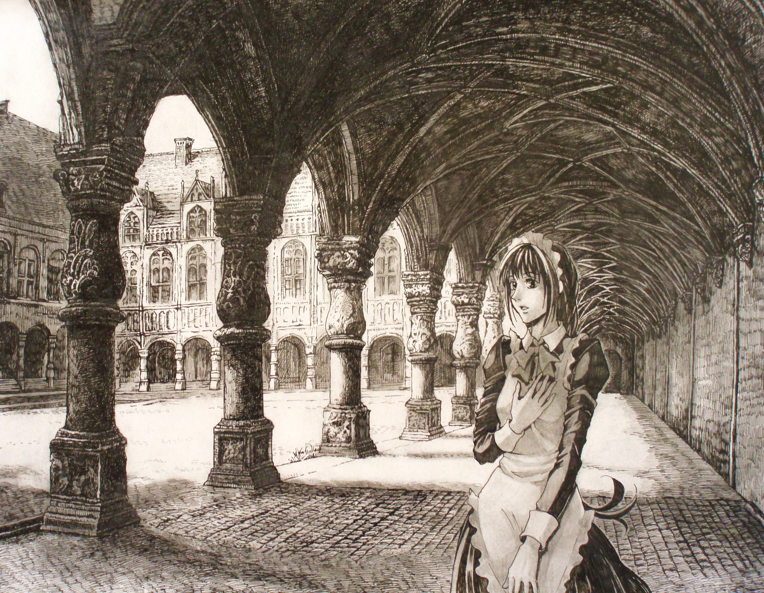 mita mitauzo, leri, in those days, bad id, bad pixiv id, highres, traditional media, 1girl, castle, colonnade, column, female focus, maid, mansion, monochrome, pillar, scenery, sepia, solo