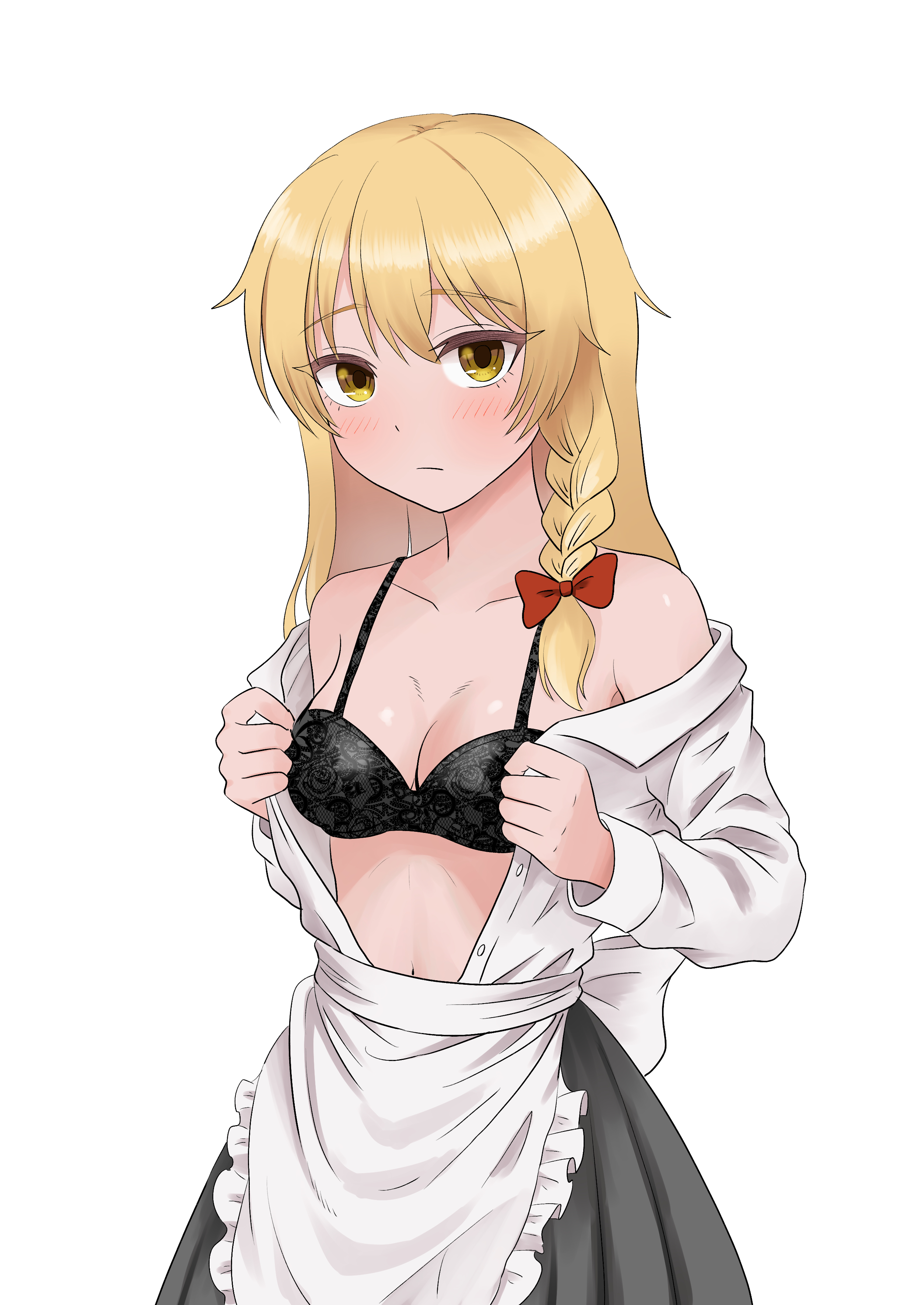 kirisame marisa, touhou, absurdres, commentary request, highres, 1girl, apron, back bow, black bra, black skirt, blonde hair, bow, bra, braid, closed mouth, hair bow, kiyo (tomoki6107), long sleeves, navel, no headwear, open clothes, open shirt, red bow, shirt, side braid, single braid, skirt, solo, underwear, undressing, waist apron, white apron, white bow, white shirt, yellow eyes