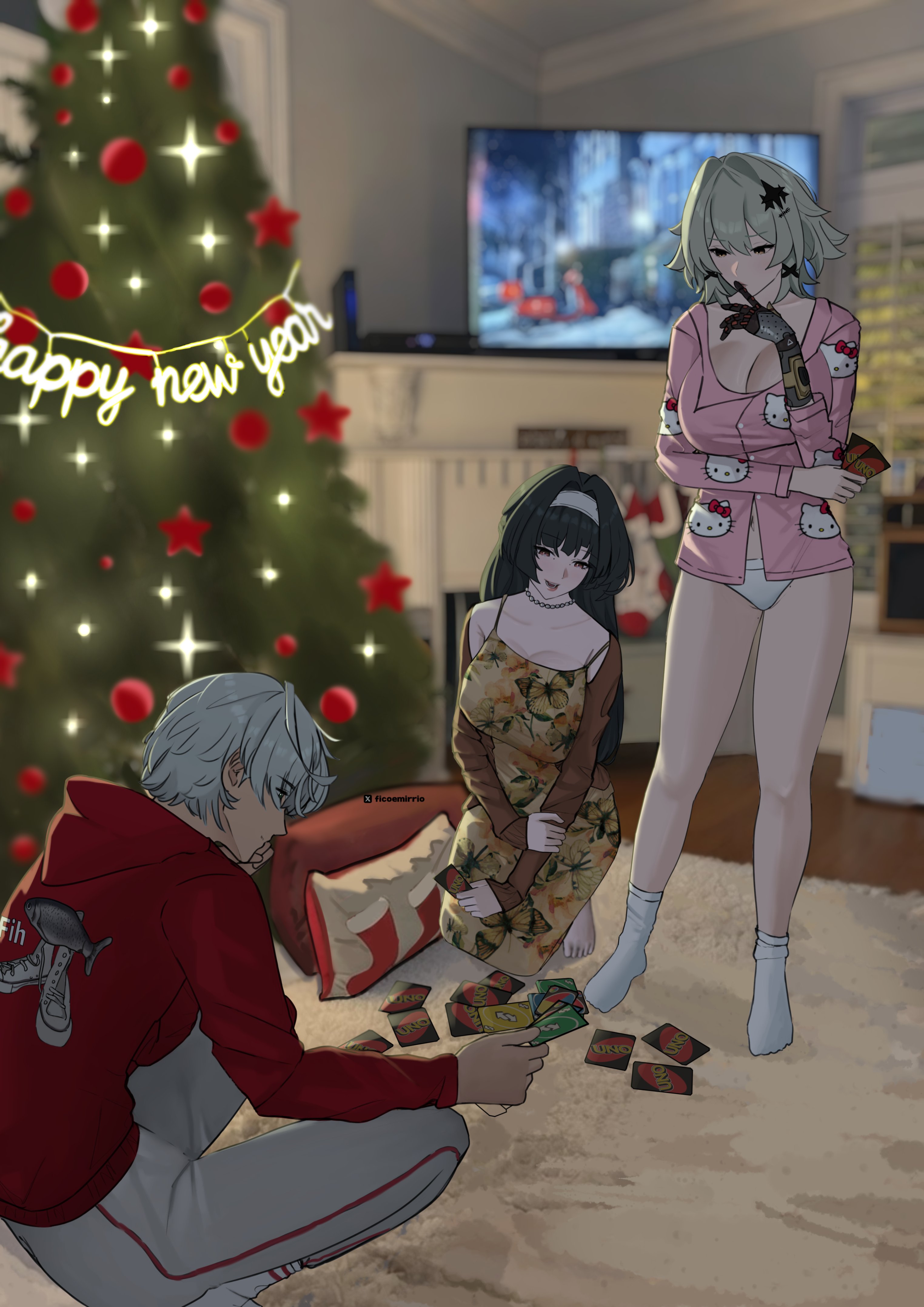 51325, astra yao, caesar king (zenless zone zero), wise (zenless zone zero), uno (game), zenless zone zero, absurdres, commentary, english commentary, highres, 1boy, 2girls, alternate costume, animal print, barefoot, black hair, blurry, blurry background, breasts, butterfly print, card, christmas tree, cleavage, closed mouth, collarbone, green hair, grey hair, hair between eyes, hair intakes, hairband, happy new year, hello kitty print, holding, holding card, hood, hoodie, indoors, jewelry, large breasts, long hair, multiple girls, navel, necklace, new year, open mouth, orange eyes, pajamas, panties, pants, pearl necklace, pillow, pink pajamas, prosthesis, prosthetic arm, red eyes, red hoodie, short hair, sitting, socks, television, twitter username, underwear, white hairband, white panties, white pants, white socks