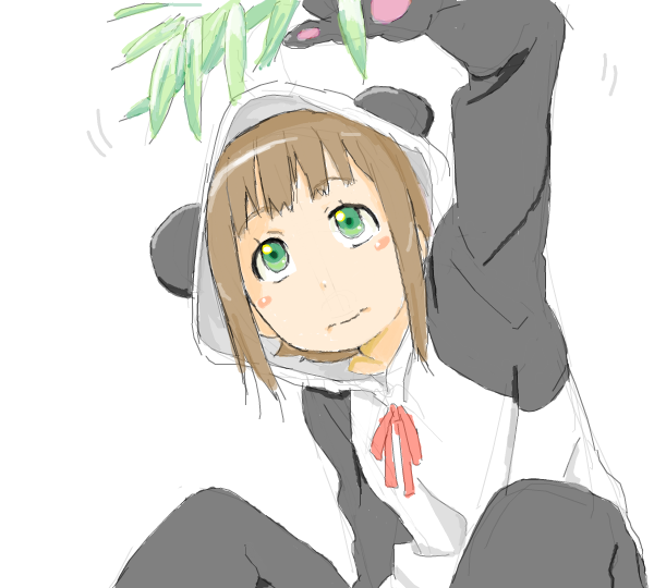 thesale, amami haruka, idolmaster, idolmaster (classic), bad id, bad pixiv id, 00s, 1girl, animal costume, animal ears, arm up, blush, blush stickers, branch, brown hair, female focus, green eyes, hood, looking up, panda, panda costume, pink ribbon, ribbon, short hair, simple background, sitting, solo, white background
