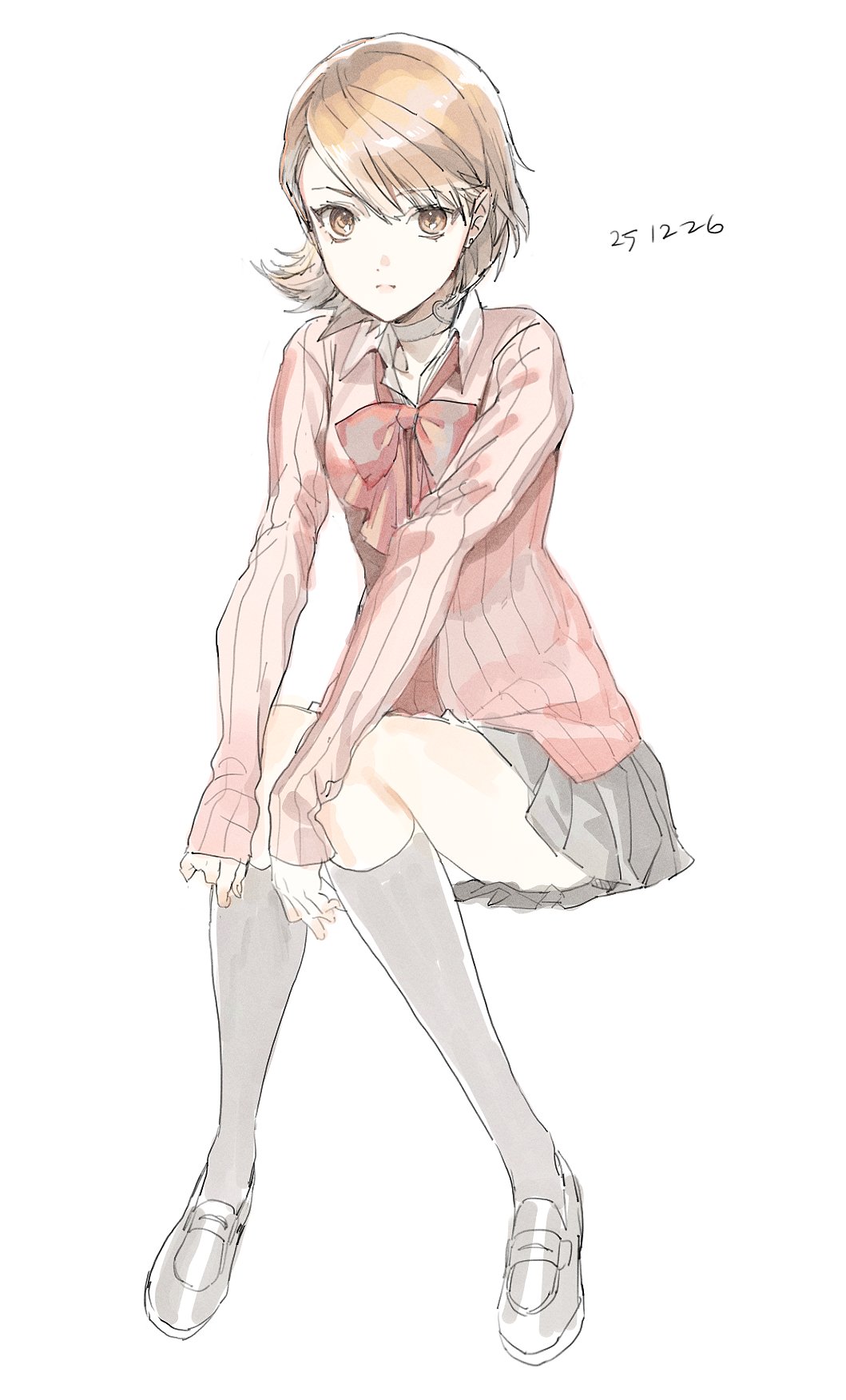 takeba yukari, persona, persona 3, highres, 1girl, black skirt, black socks, bow, bowtie, brown eyes, brown hair, cardigan, choker, closed mouth, collared shirt, dated, earrings, flipped hair, full body, gekkoukan high school uniform, heart, heart choker, invisible chair, jewelry, kneehighs, long sleeves, looking at viewer, loose bowtie, miniskirt, pink cardigan, pleated skirt, red bow, red bowtie, ribbed cardigan, rostinbitgru, school uniform, shirt, shoes, short hair, simple background, sitting, skirt, socks, solo, stud earrings, white background, white choker, white shirt