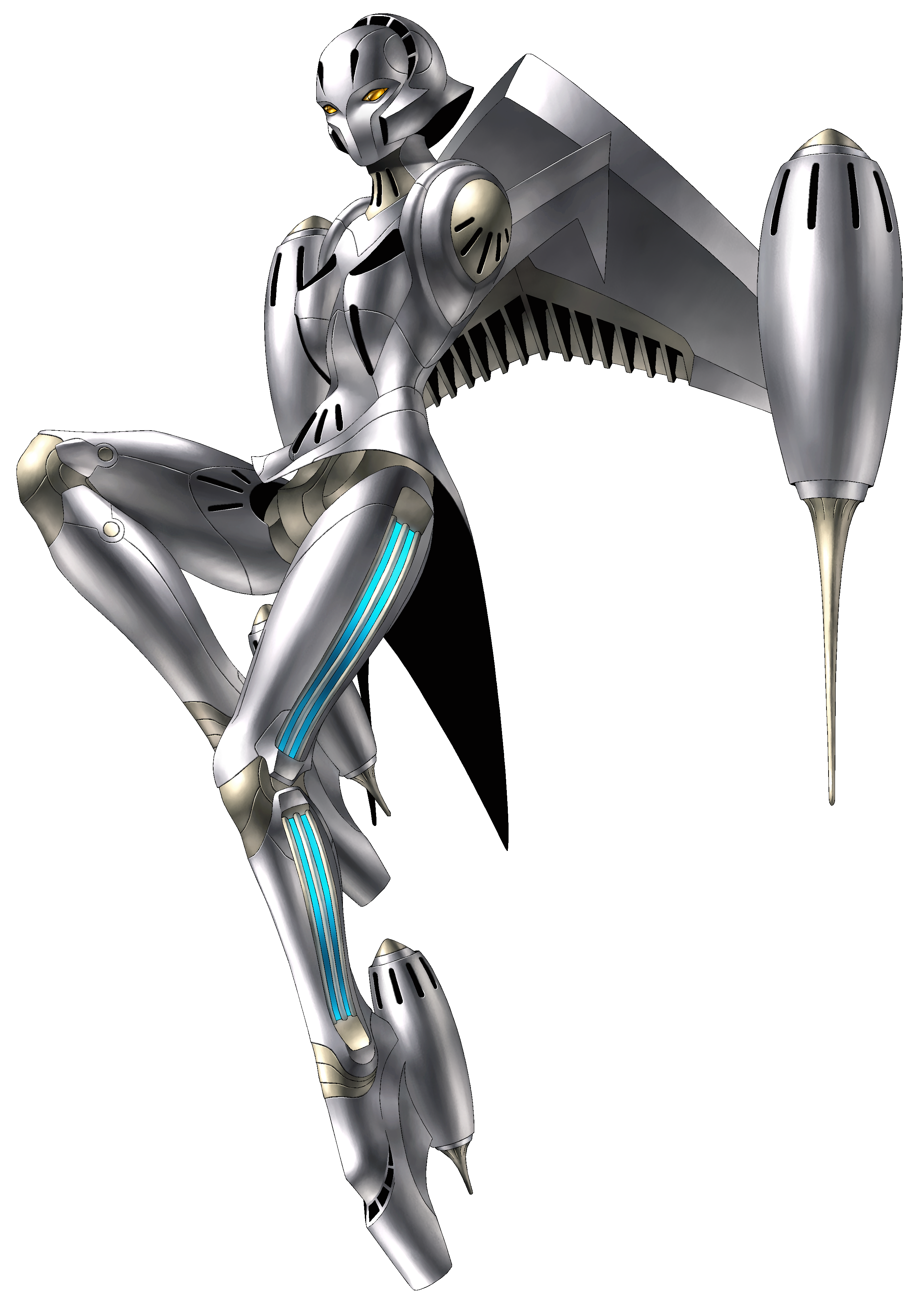 kazuma kaneko, nike (persona 1), persona, persona 2, persona 2 batsu, absurdres, highres, official art, third-party source, amputee, android, jet boots, jetpack, joints, orange eyes, persona (summon), robot, robot joints, solo, transparent background