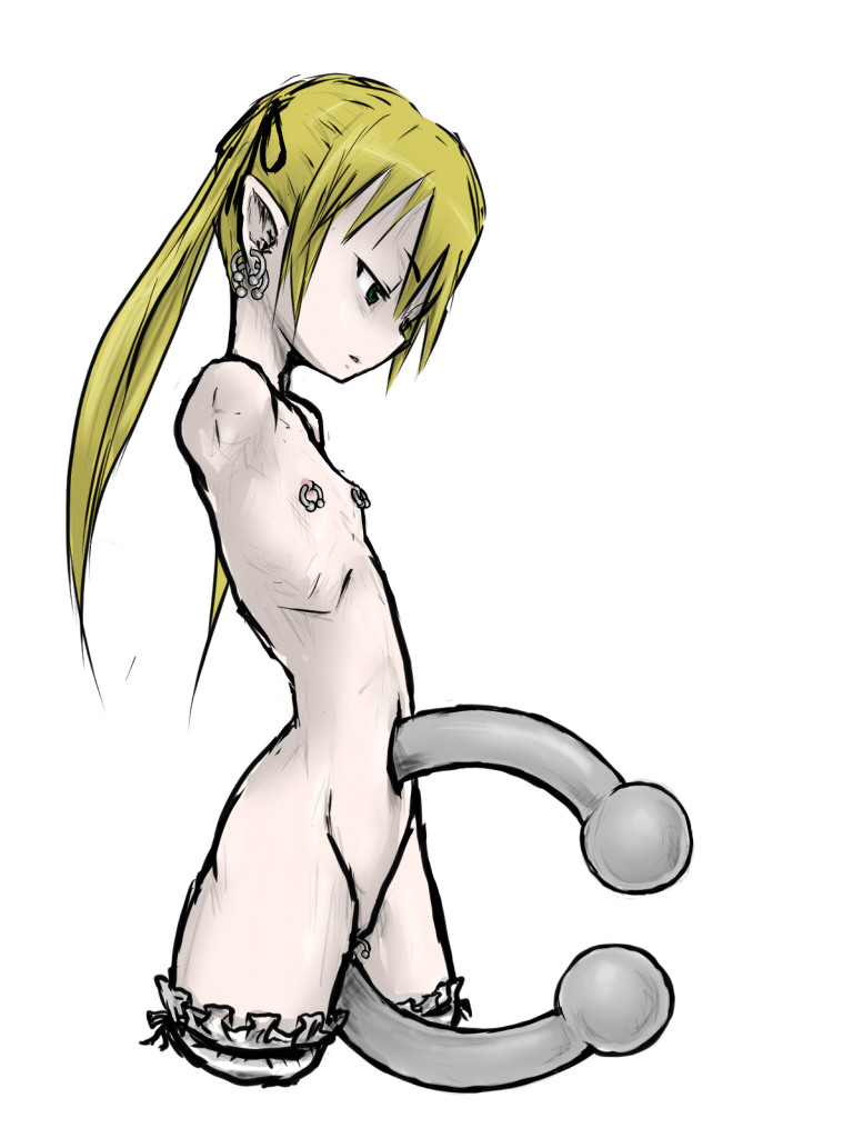 10646, 1girl, amputee, blonde hair, female focus, long hair, navel, navel piercing, nipple piercing, nipples, nude, piercing, pointy ears, quadruple amputee, simple background, solo, twintails, white background