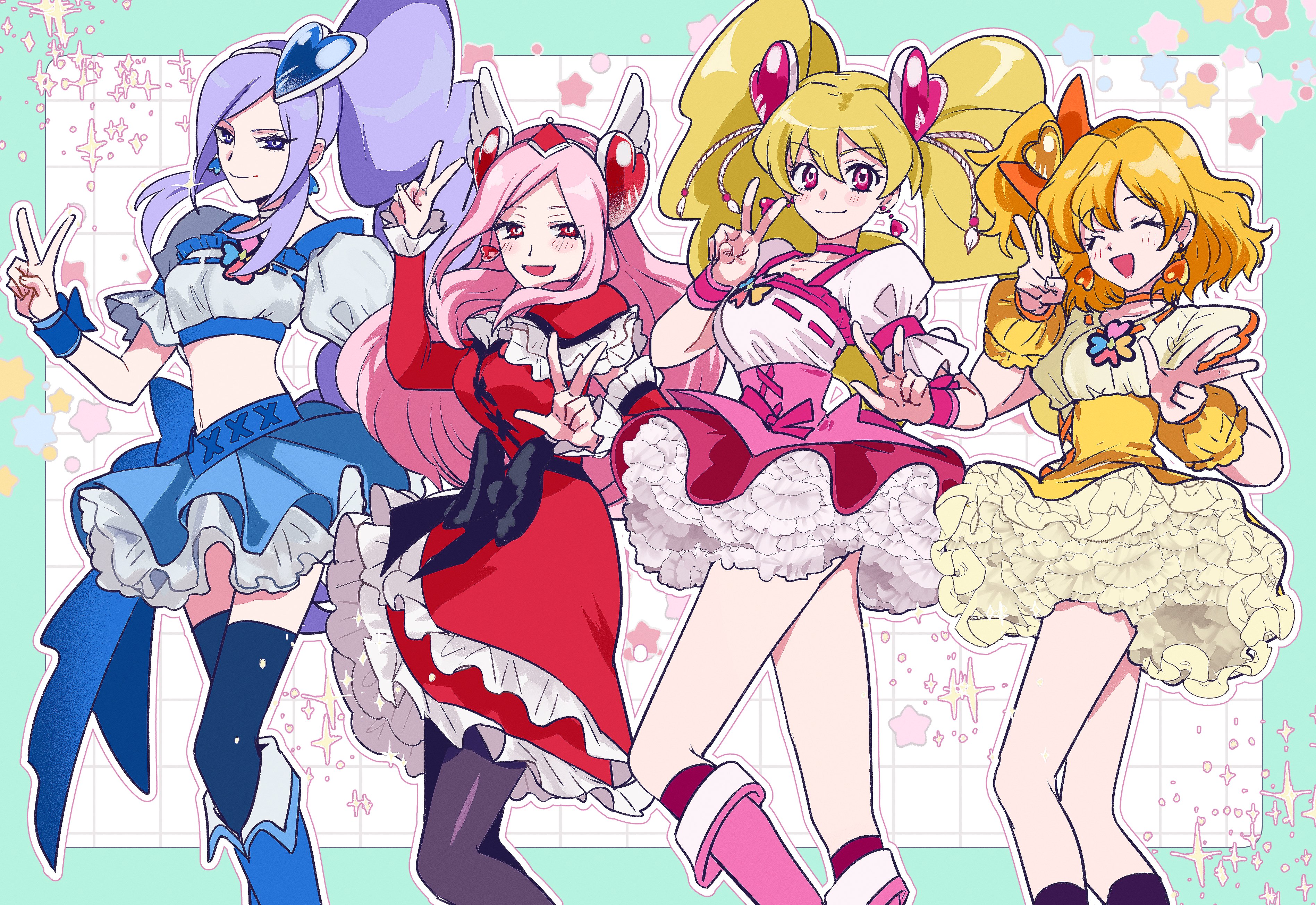 asako (itiba), aono miki, cure berry, cure passion, cure peach, cure pine, higashi setsuna, momozono love, yamabuki inori, fresh precure!, precure, absurdres, highres, 4girls, black bow, black pantyhose, blonde hair, blue boots, blue bow, blue eyes, blue hair, blue skirt, blue thighhighs, blue wrist cuffs, blush, boots, bow, choker, closed eyes, closed mouth, clover brooch, crop top, cross-laced clothes, cross-laced dress, cross-laced skirt, detached sleeves, dress, earrings, frilled dress, frilled shirt, frilled sleeves, frills, glitter, grid background, hair between eyes, hair ornament, hairband, heart, heart earrings, heart hair ornament, high side ponytail, jewelry, long hair, magical girl, midriff, miniskirt, multiple girls, navel, open mouth, orange hair, pantyhose, parted bangs, pink boots, pink dress, pink eyes, pink hair, pink wrist cuffs, pleated dress, pleated skirt, ponytail, puffy short sleeves, puffy sleeves, red dress, red eyes, red sleeves, ribbon trim, shirt, short hair, short sleeves, skirt, square neckline, star (symbol), star symbol background, thighhighs, tiara, twintails, two-tone background, v, very long hair, waist bow, wing hair ornament, wrist cuffs, yellow dress, yellow wrist cuffs