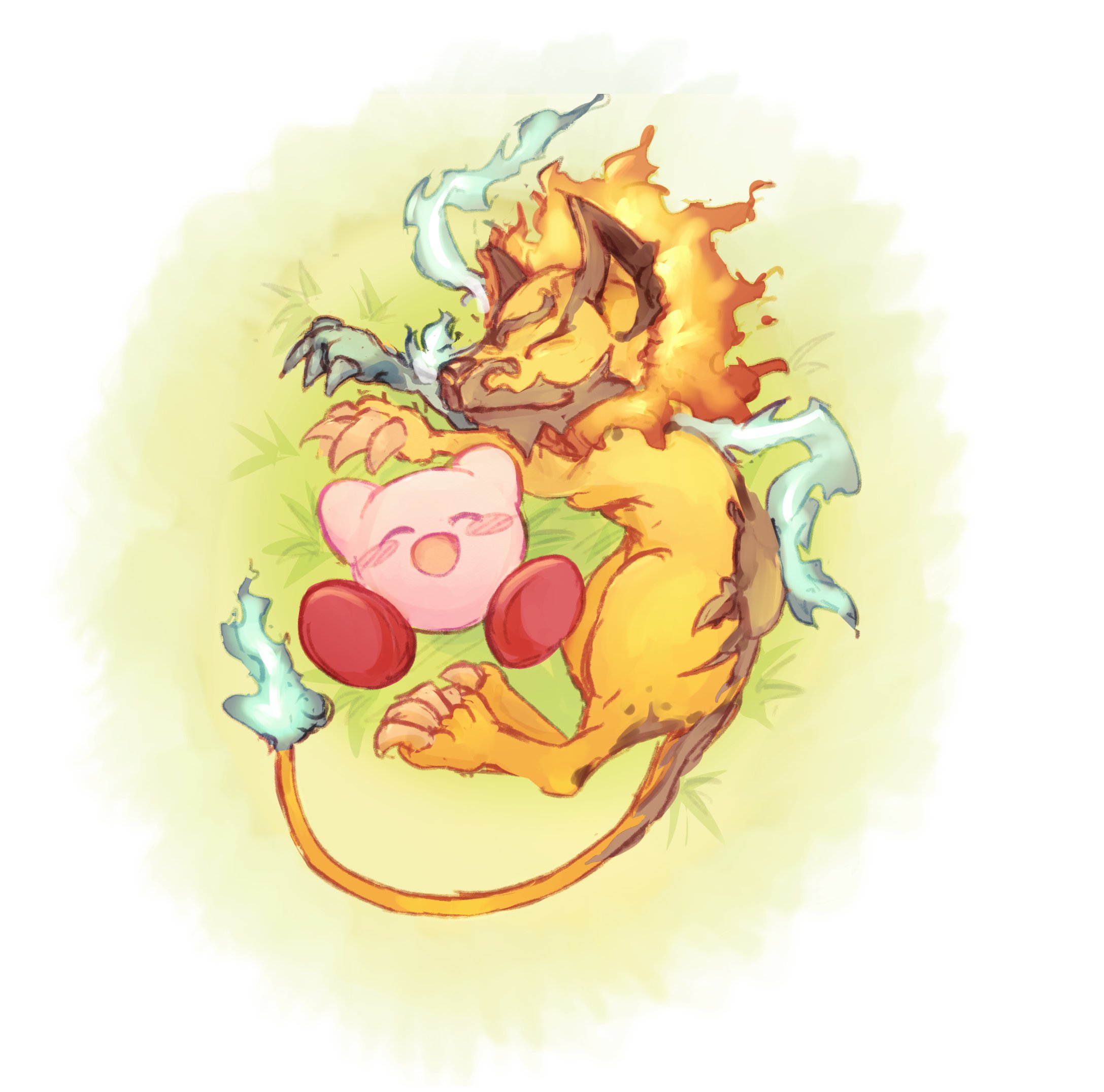 desultorynovice, kirby, kirby (series), kirby air ride, kirby air riders, nintendo, commentary, english commentary, highres, blue fire, blush stickers, claws, closed eyes, colored skin, fire, full body, grass, leo (kirby), lion tail, no humans, open mouth, pink skin, sleeping, tail