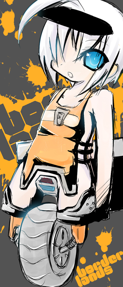ichi kazu, claptrap, borderlands (series), 1girl, ahoge, blue eyes, female focus, personification, robot, sketch, solo, wheel, white hair