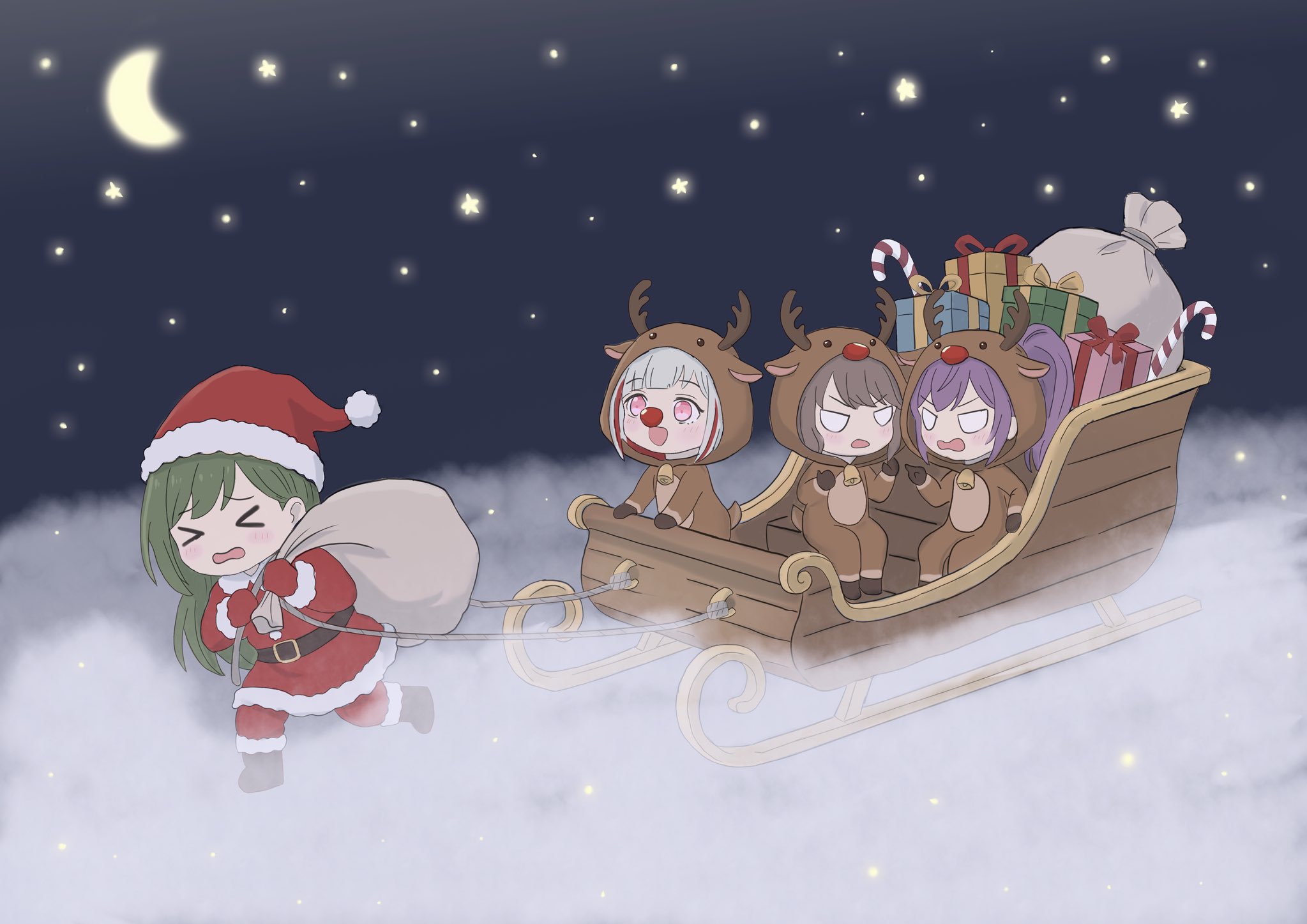 teacup 217, fujishima megumi, ogami sachi, otomune kozue, yugiri tsuzuri, link! like! love live!, love live!, commentary request, highres, > <, 4girls, :d, alternate costume, animal costume, arguing, bell, boots, box, brown boots, brown hair, candy, candy cane, chibi, chibi only, crescent, dress, food, fur-trimmed dress, fur-trimmed headwear, fur trim, gift, gift box, green hair, hasu no daisankaku, hat, holding, holding sack, long hair, merry christmas, multicolored hair, multiple girls, neck bell, night, open mouth, outdoors, pants, peanut mouth, pink eyes, ponytail, purple hair, red dress, red hat, red nose, red pants, red streaks, reindeer costume, role reversal, sack, sack behind back, santa costume, santa dress, santa hat, sitting, sky, sleigh, smile, star (sky), star (symbol), starry sky, streaked hair, v-shaped eyebrows, v-shaped eyes, virtual youtuber, white hair