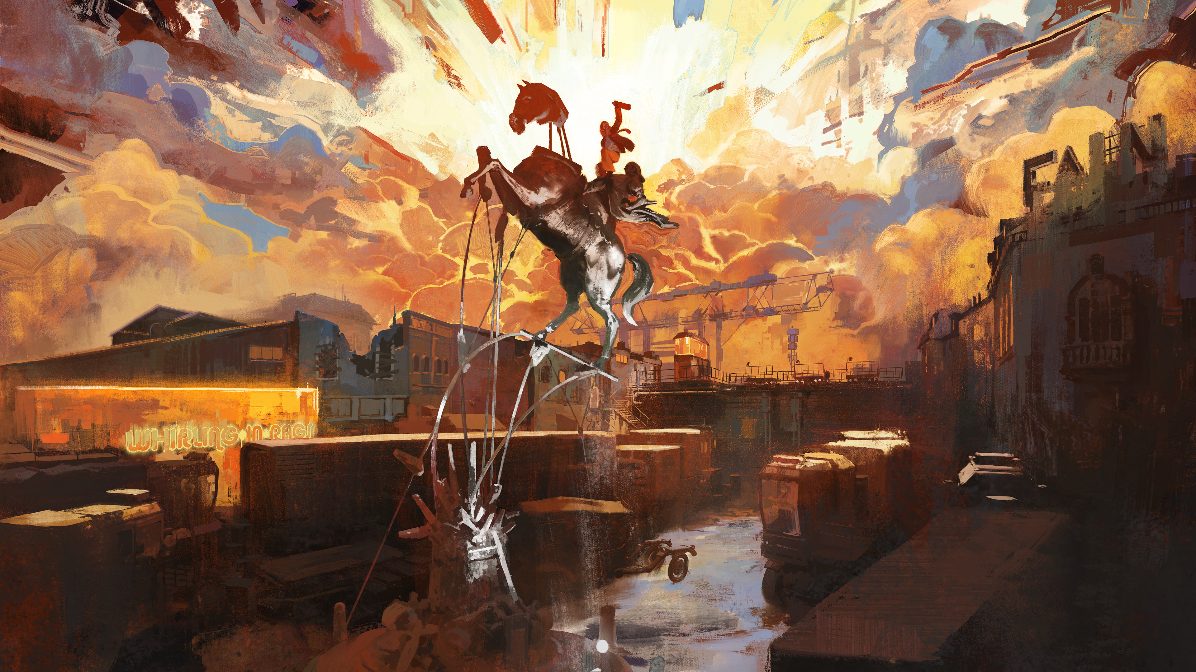aleksander rostov, disco elysium, absurdres, highres, non-web source, official art, balcony, bridge, building, carriage, city, cityscape, cloud, glowing, horse, motor vehicle, no humans, outdoors, painterly, road, scenery, sign, sky, statue, street, sunset, truck, wide shot