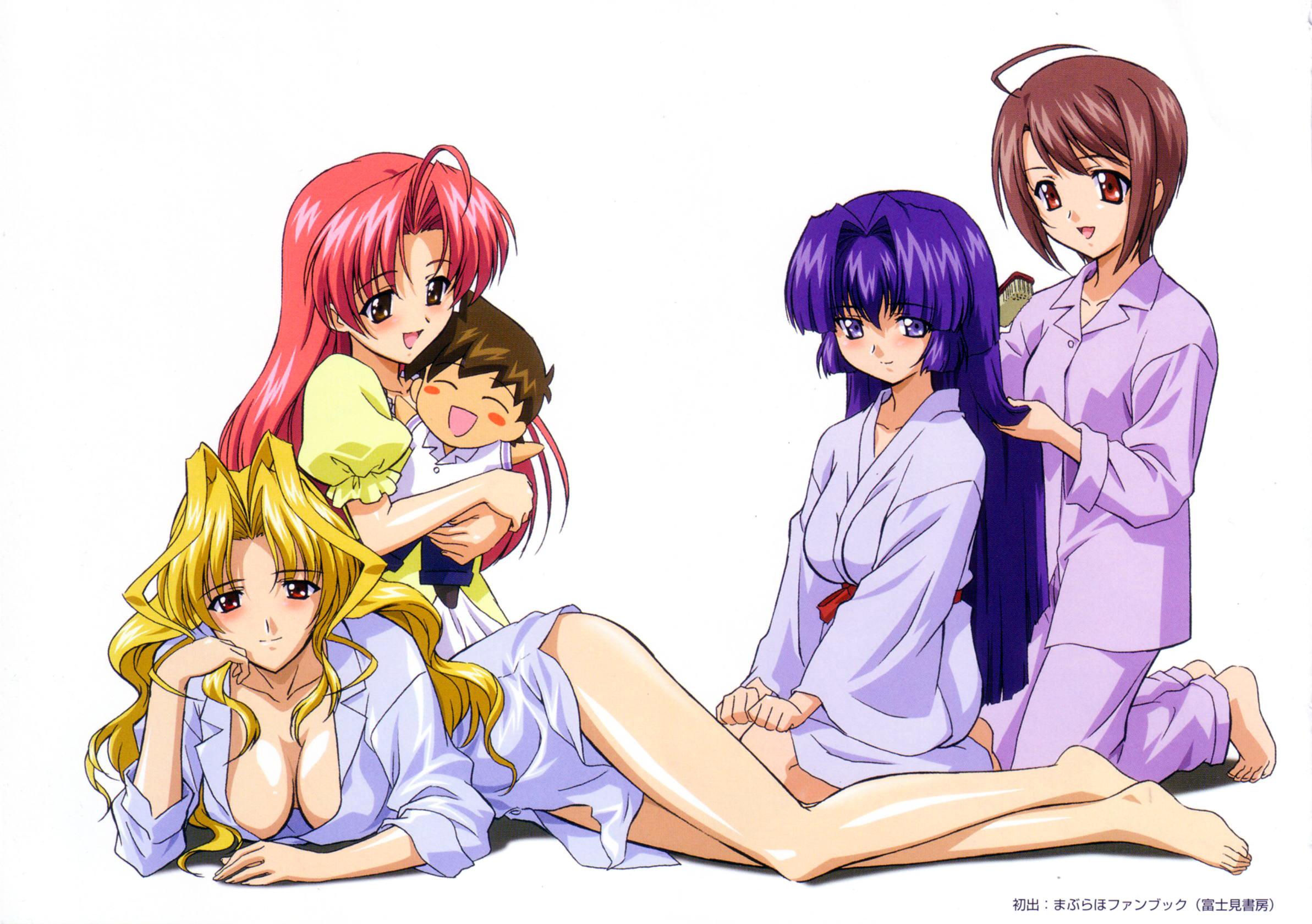 kamishiro rin, kazetsubaki kuriko, miyama yuuna, yamase chihaya, maburaho, highres, 00s, 4girls, ahoge, arm support, barefoot, blonde hair, blue hair, blush, breasts, brown eyes, brown hair, chibi, cleavage, curly hair, dress shirt, feet, japanese clothes, kneeling, large breasts, long hair, multiple girls, red hair, shirt, short hair