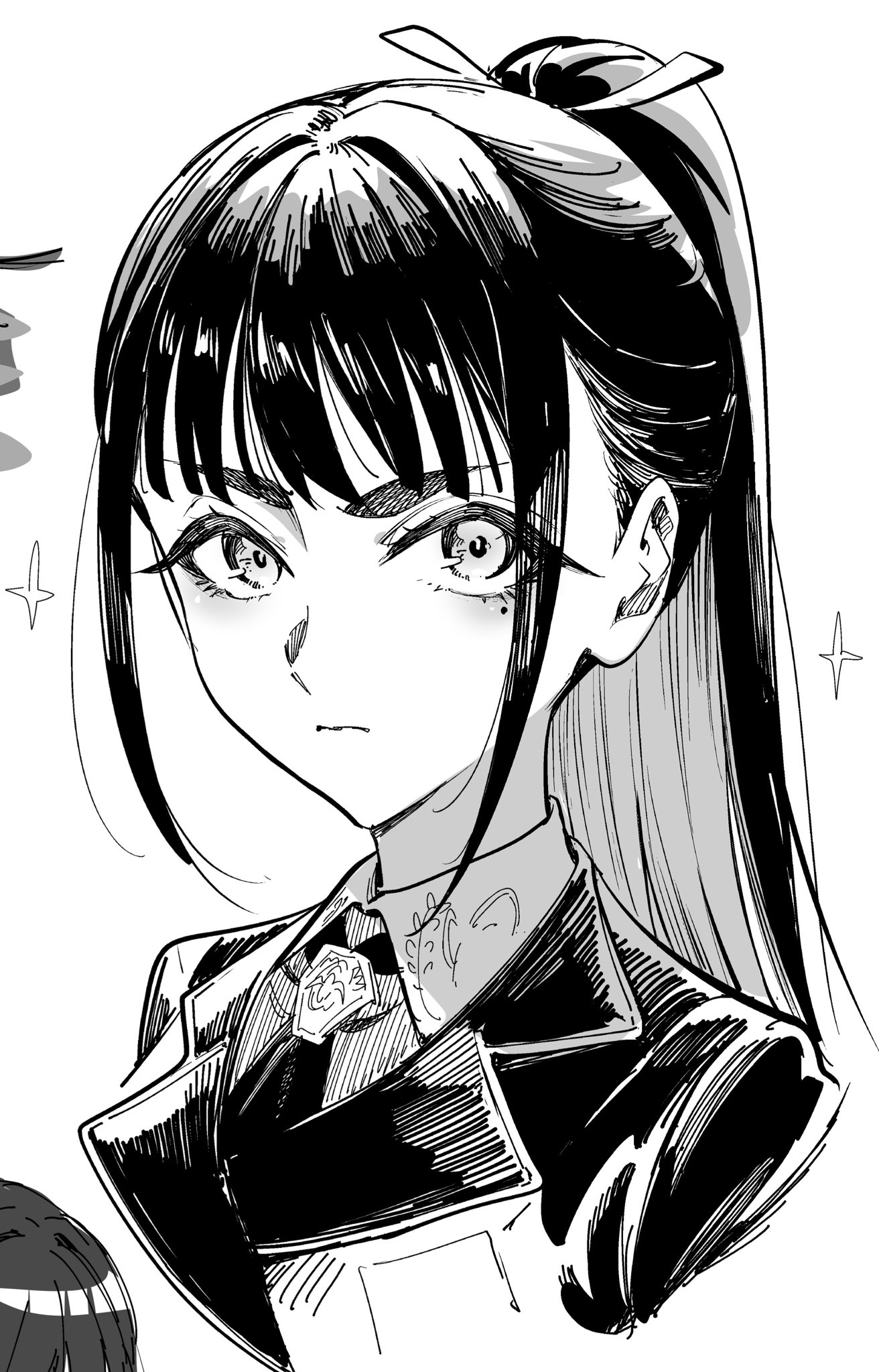 tsukuda hayato, amaya tsubame, gakuen idolmaster, idolmaster, commentary request, highres, 1girl, choppy bangs, closed mouth, collared shirt, greyscale, jacket, lapels, looking at viewer, mole, mole under eye, monochrome, necktie, notched lapels, ponytail, portrait, school uniform, shirt, sidelocks, solo, sparkle, v-shaped eyebrows, white background