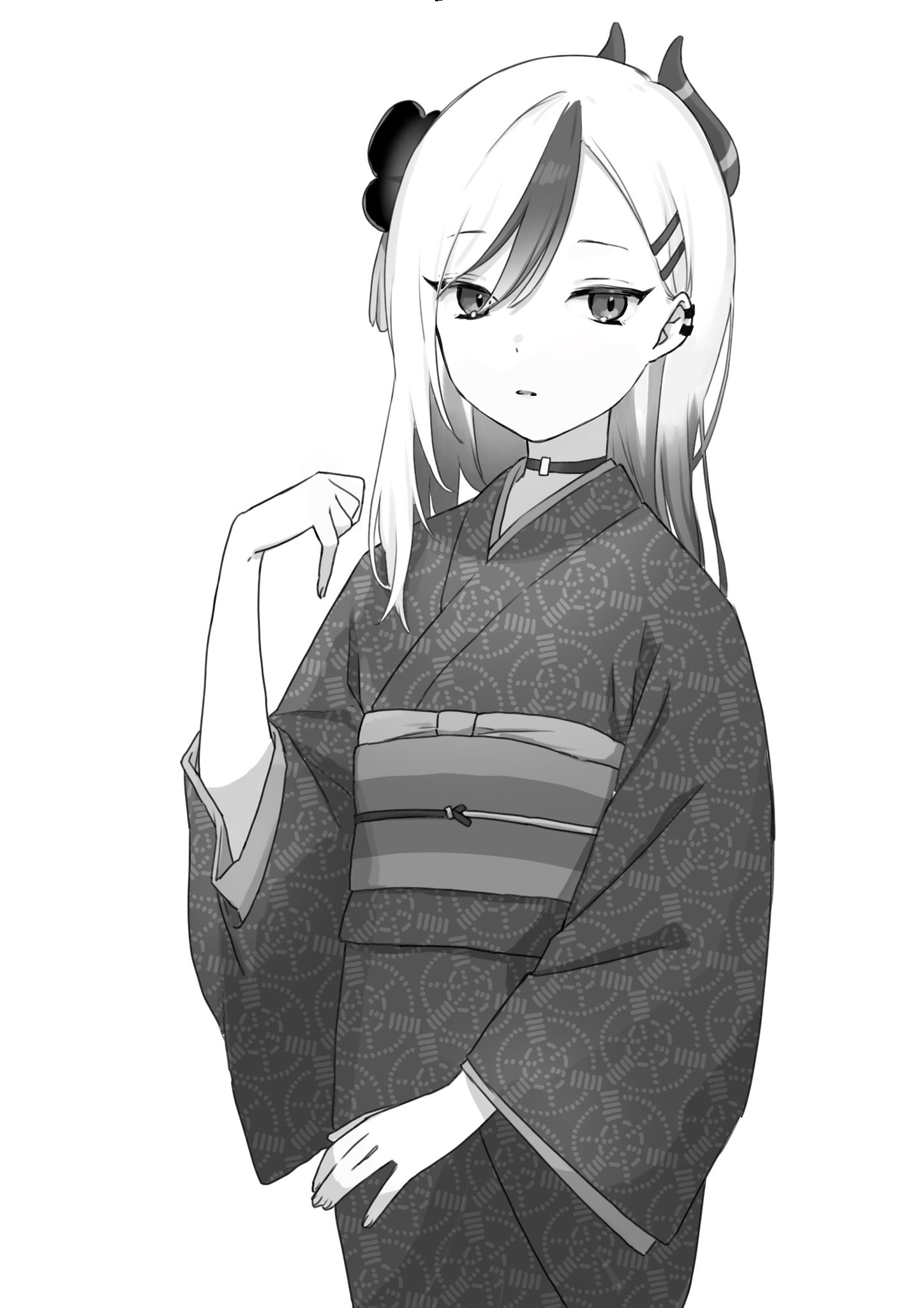 kisaka, kayoko (blue archive), kayoko (new year) (blue archive), blue archive, commentary, highres, 1girl, black choker, black hair, black kimono, choker, cowboy shot, demon girl, demon horns, earclip, flower, greyscale, hair flower, hair ornament, hairclip, hand up, horns, japanese clothes, kimono, long sleeves, looking at viewer, monochrome, multicolored hair, official alternate costume, official alternate hairstyle, parallel hairclips, parted lips, simple background, solo, two-tone hair, white background, white hair, wide sleeves, yukata