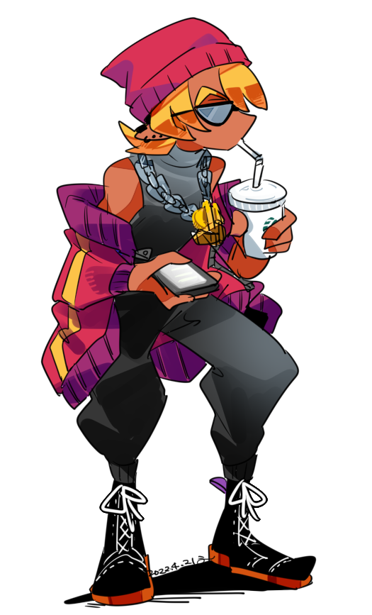 uno uno, judgement boy (gregory horror show), gregory horror show, commentary request, 1boy, baggy pants, beanie, black-framed eyewear, black shoes, blonde hair, cellphone, chain, chain necklace, cup, dark-skinned male, dark skin, dated, disposable cup, dollar sign, drink, drinking, drinking straw, drinking straw in mouth, ear piercing, earrings, full body, glasses, hat, high tops, holding, holding drink, holding phone, humanization, jacket, jacket partially removed, jewelry, looking to the side, male focus, multicolored jacket, multicolored shoes, necklace, no eyes, pants, phone, piercing, pink hat, pink jacket, pointy ears, purple trim, shadow, shirt, shoelaces, shoes, sleeveless, sleeveless shirt, smartphone, sneakers, solo, streetwear, track jacket, turtleneck, turtleneck shirt, white background