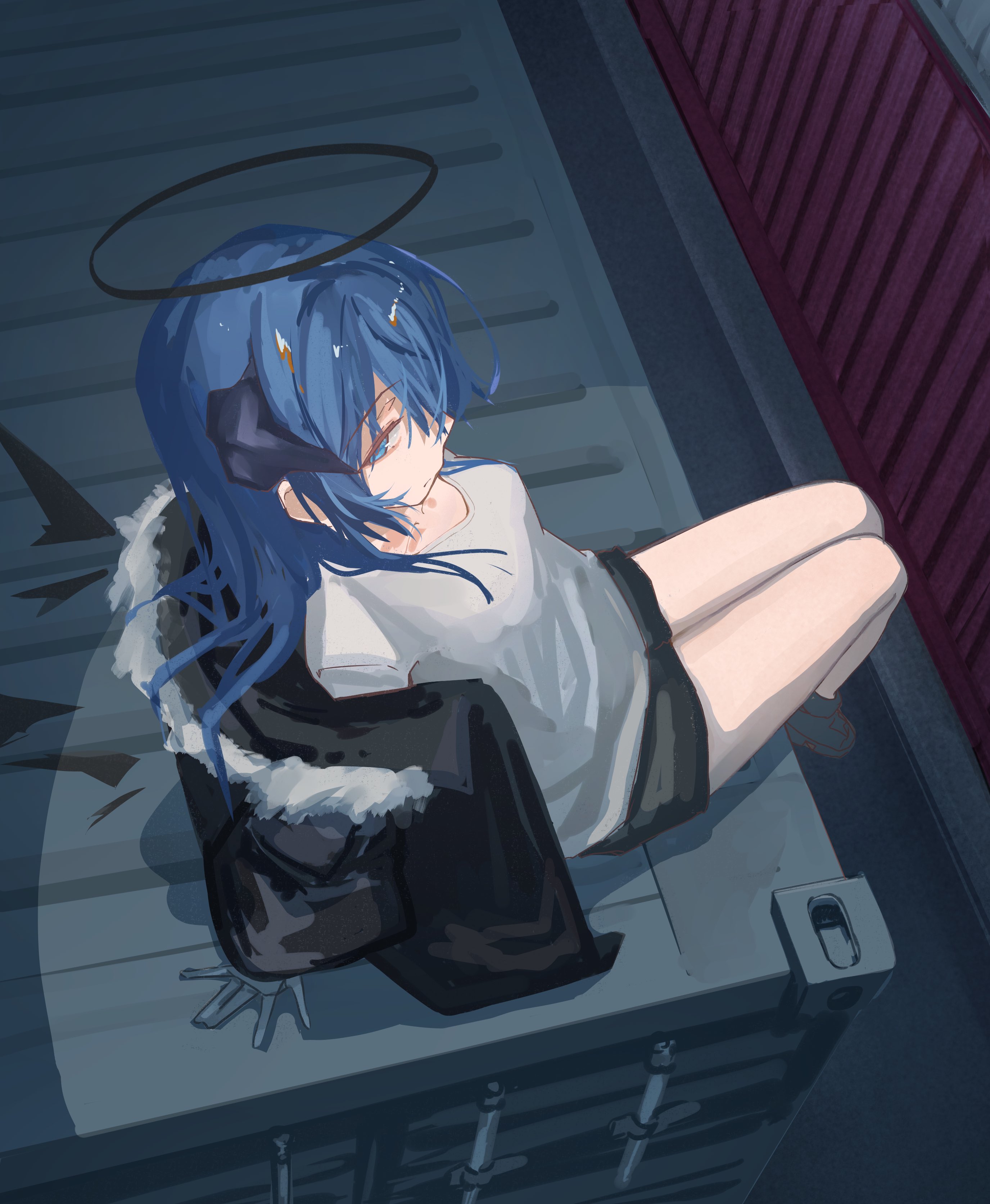 hetare galm sue, mostima (arknights), arknights, absurdres, commentary request, highres, 1girl, black halo, black jacket, black shorts, blue eyes, blue hair, from above, fur-trimmed hood, fur trim, grey shirt, halo, hood, hood down, hooded jacket, horns, jacket, long hair, long sleeves, shirt, shorts, sitting, solo