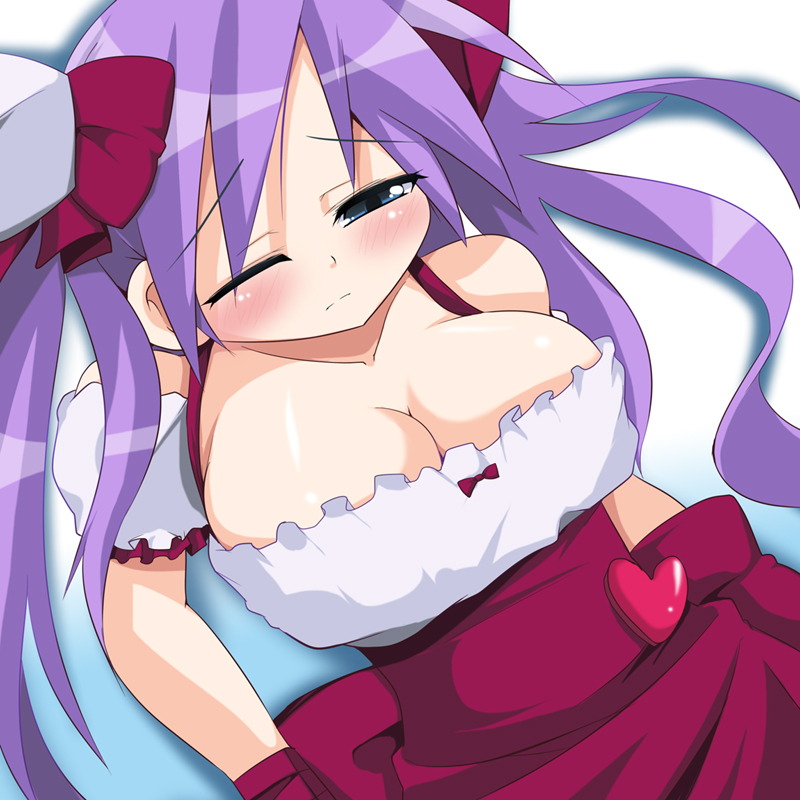 hiiragi kagami, lucky star, alternate breast size, 00s, 1girl, blue eyes, blush, breasts, cleavage, cosplay, female focus, large breasts, long hair, one eye closed, purple hair, solo, tsurime, twintails, wink