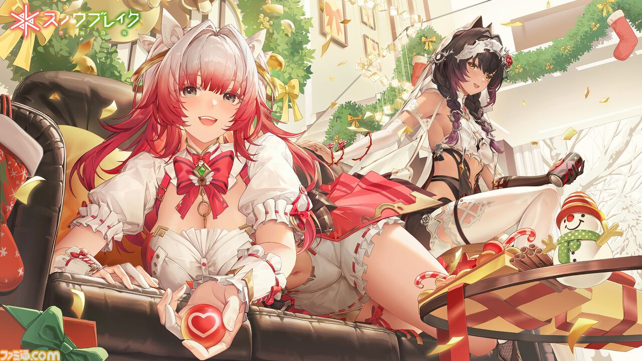 bubu (snowbreak), mauxir (snowbreak), snowbreak: containment zone, artist request, promotional art, 2girls, alternate costume, black hair, blush, box, bracelet, braid, breasts, brown eyes, brown hair, can, candy, candy stick, cape, christmas, cinnamon stick, confetti, cookie, couch, detached sleeves, dress, fishnets, food, gift, gift box, gradient hair, hair ornament, jewelry, large breasts, long hair, multicolored hair, multiple girls, navel, on couch, open mouth, pink hair, purple hair, ribbon, scenery, shorts, sideboob, small breasts, smile, snowman, stairs, table, thighhighs, underboob, veil, white hair, wrist cuffs, yellow eyes