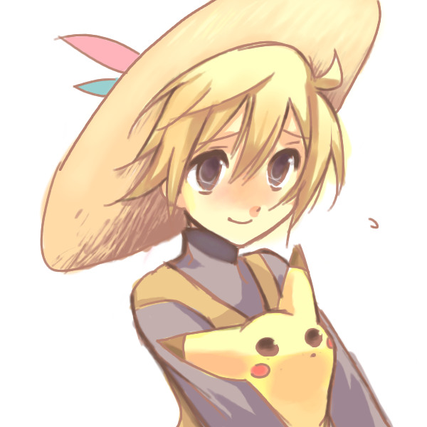 kyoumo baito, pika (pokemon), pikachu, yellow (pokemon), nintendo, pokemon, pokemon adventures, pokemon rgby, 1990s (style), 1girl, androgynous, blonde hair, gen 1 pokemon, hat, pokemon (creature), retro artstyle, reverse trap, smile
