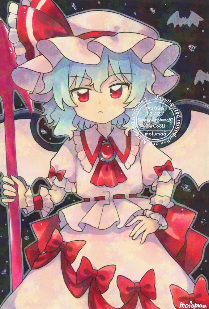 maa (forsythia1729), remilia scarlet, touhou, commentary, traditional media, 1girl, artist name, ascot, bat (animal), bat wings, blue hair, bow, bow skirt, brooch, closed mouth, collared shirt, frilled shirt collar, frills, hat, hat ribbon, jewelry, looking at viewer, medium hair, mob cap, pink hat, pink shirt, pink skirt, red ascot, red bow, red eyes, ribbon, shirt, skirt, skirt set, solo, watermark, wings, wrist cuffs