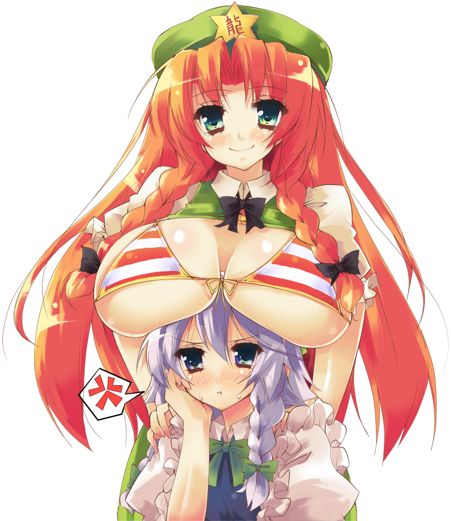 akikaze tsumuji, hong meiling, izayoi sakuya, embodiment of scarlet devil, touhou, silver hair, >:|, 2girls, :t, :|, annoyed, beret, blue eyes, blush, bow, bowtie, bra, braid, breast envy, breast rest, breasts, breasts on head, closed mouth, clothes lift, female focus, frills, hat, huge breasts, large breasts, lingerie, long hair, multiple girls, pout, puffy sleeves, red hair, shiny skin, shirt, shirt lift, short hair, simple background, sleeveless, sleeveless shirt, smile, striped bra, striped clothes, sweat, twin braids, underboob, underwear, v-shaped eyebrows, white background, yuri