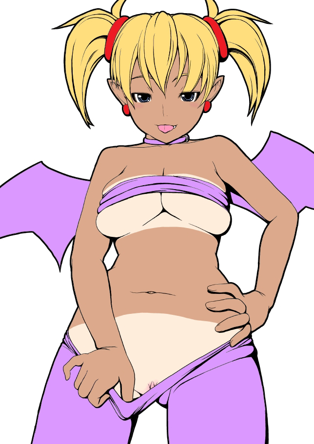 tomatto (@ma!), lilica felchenerow, aq interactive, arcana heart, atlus, examu, 1girl, breasts, dark-skinned female, dark skin, demon girl, female focus, naughty face, navel, pointy ears, pussy, simple background, solo, standing, tan, tanline, uncensored, white background, wings