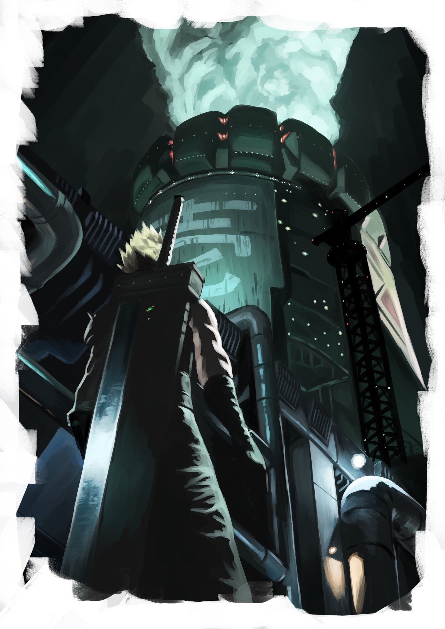 zupakyo, cloud strife, final fantasy, final fantasy vii, final fantasy vii remake, commentary request, highres, 1boy, baggy pants, black gloves, blonde hair, building, buster sword, feet out of frame, from behind, gloves, male focus, night, nuclear reactor, outdoors, pants, short hair, single bare shoulder, solo, standing, sword, sword on back, weapon, weapon on back