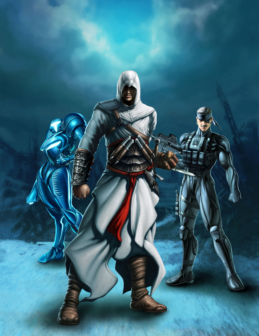 altair ibn la-ahad, dark samus, old snake, solid snake, assassin's creed, metal gear, metroid, epic