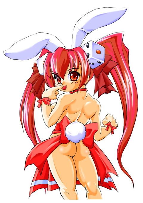 ichiyasu, usada hikaru, di gi charat, animal ears, ass, blush, bow, bowtie, dice, licking, long hair, nude, rabbit ears, rabbit tail, red eyes, red hair, smile, tail
