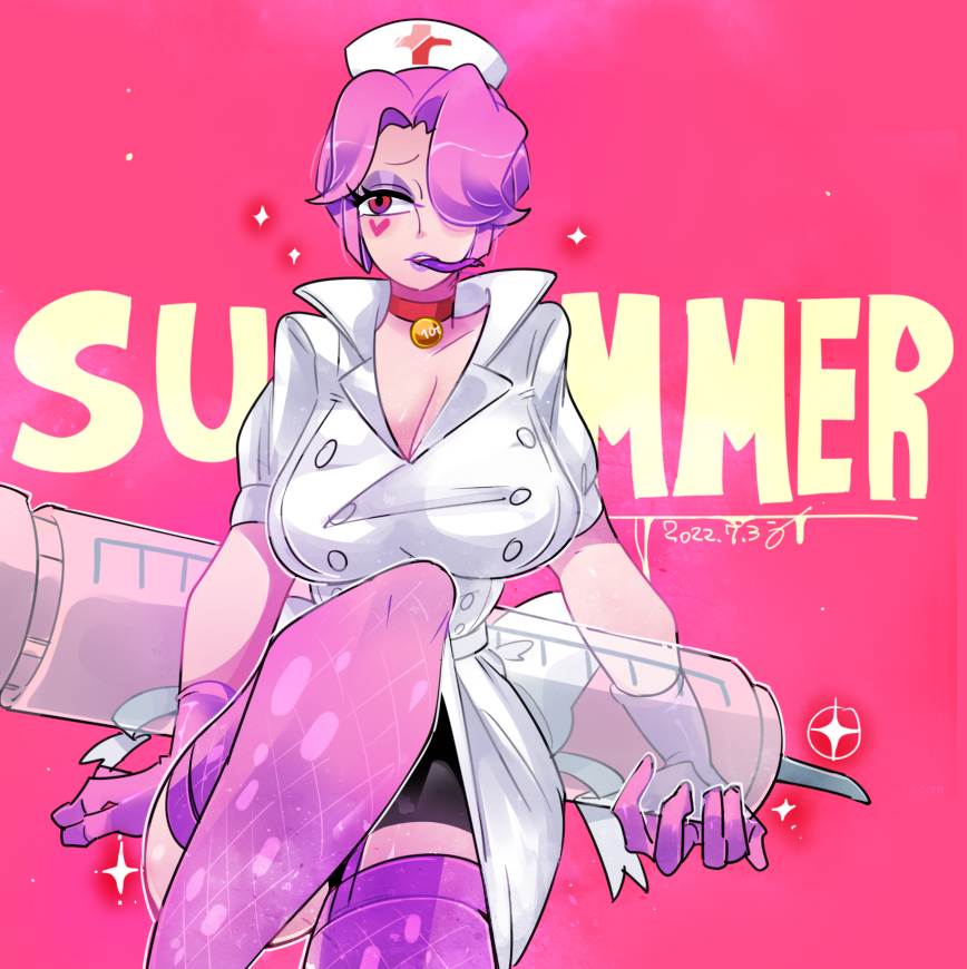 uno uno, catherine (gregory horror show), gregory horror show, commentary request, 1girl, bike shorts, bike shorts under skirt, bow, breasts, button dress, choker, collared dress, cross, curtained hair, dated, dress, eyeshadow, facial mark, feet out of frame, fishnet thighhighs, fishnets, forked tongue, gloves, hair over one eye, hat, heart, heart facial mark, heart on cheek, holding, holding syringe, invisible chair, large breasts, large syringe, leg up, makeup, marking on cheek, needle, nurse, nurse cap, oversized object, pink gloves, pink hair, pink thighhighs, purple eyeshadow, purple lips, red background, red choker, red eyes, short hair, short sleeves, shorts, shorts under skirt, sitting, solo, sparkle, syringe, thighhighs, tongue, tongue out, waist bow, white hat