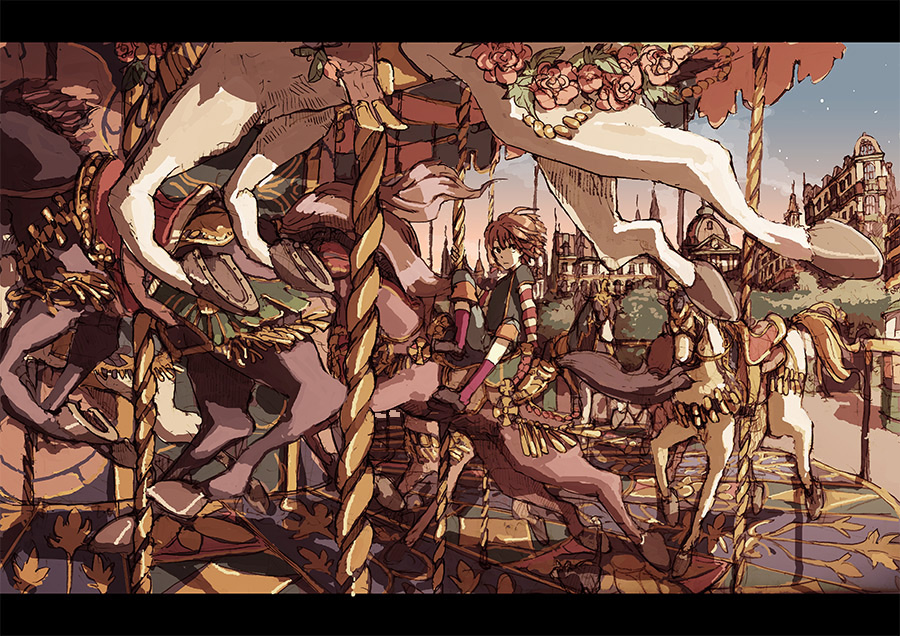 gecco, hirasawa geko, original, bad id, bad pixiv id, gender request, androgynous, black shoes, carousel, kneehighs, layered sleeves, letterboxed, long sleeves, purple socks, shoes, short over long sleeves, short sleeves, sitting, smoke, socks, solo, star (sky)