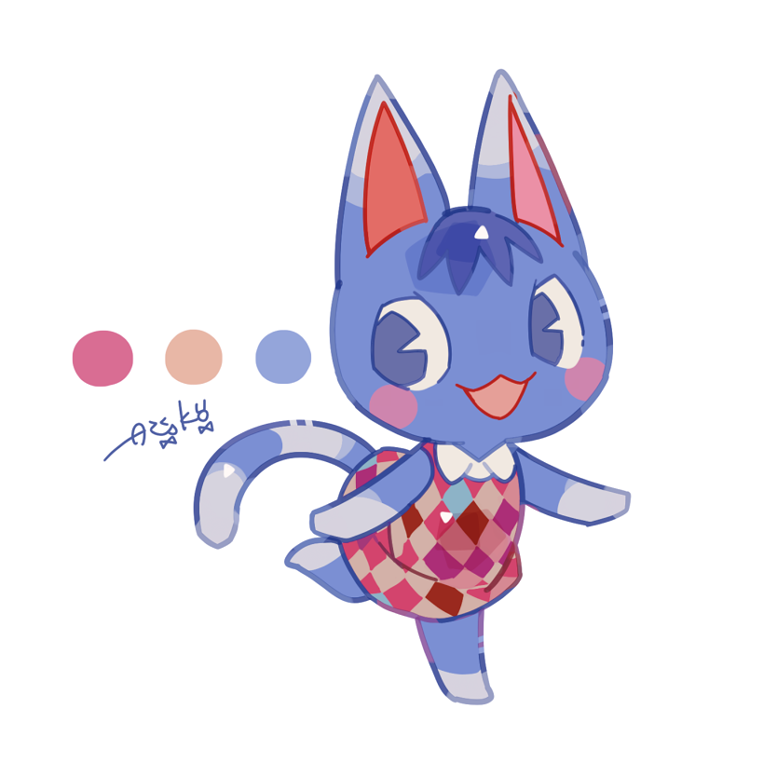 auko, rosie (animal crossing), animal crossing, nintendo, commentary request, 1girl, :3, animal crossing: new horizons, animal ears, blue eyes, blue fur, blue hair, blue tail, blush, cat, cat ears, cat girl, cat tail, color guide, diamond (shape), dress, pink dress, signature, tail