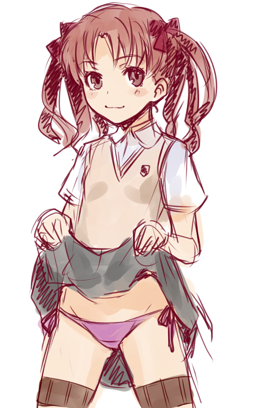 ha-ru, shirai kuroko, toaru kagaku no railgun, toaru majutsu no index, bad id, bad pixiv id, 00s, 1girl, bow, brown eyes, brown hair, clothes lift, female focus, hair ribbon, loli, panties, pantyshot, ribbon, school uniform, short hair, side-tie panties, simple background, sketch, skirt, skirt lift, solo, sweater vest, thigh strap, twintails, underwear, white background