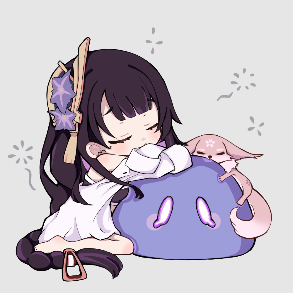 asahiv, electro slime (genshin impact), raiden shogun, slime (genshin impact), yae miko, yae miko (fox), genshin impact, commentary request, 1girl, alternate costume, bare shoulders, barefoot, blunt bangs, bra, braid, chibi, chibi only, closed eyes, closed mouth, collared shirt, fan hair ornament, feet, from side, grey background, hair ribbon, light blush, long braid, long hair, long sleeves, mole, mole under eye, no pants, off shoulder, ribbon, shirt, simple background, single braid, sitting, sleeping, slime (creature), underwear, white shirt
