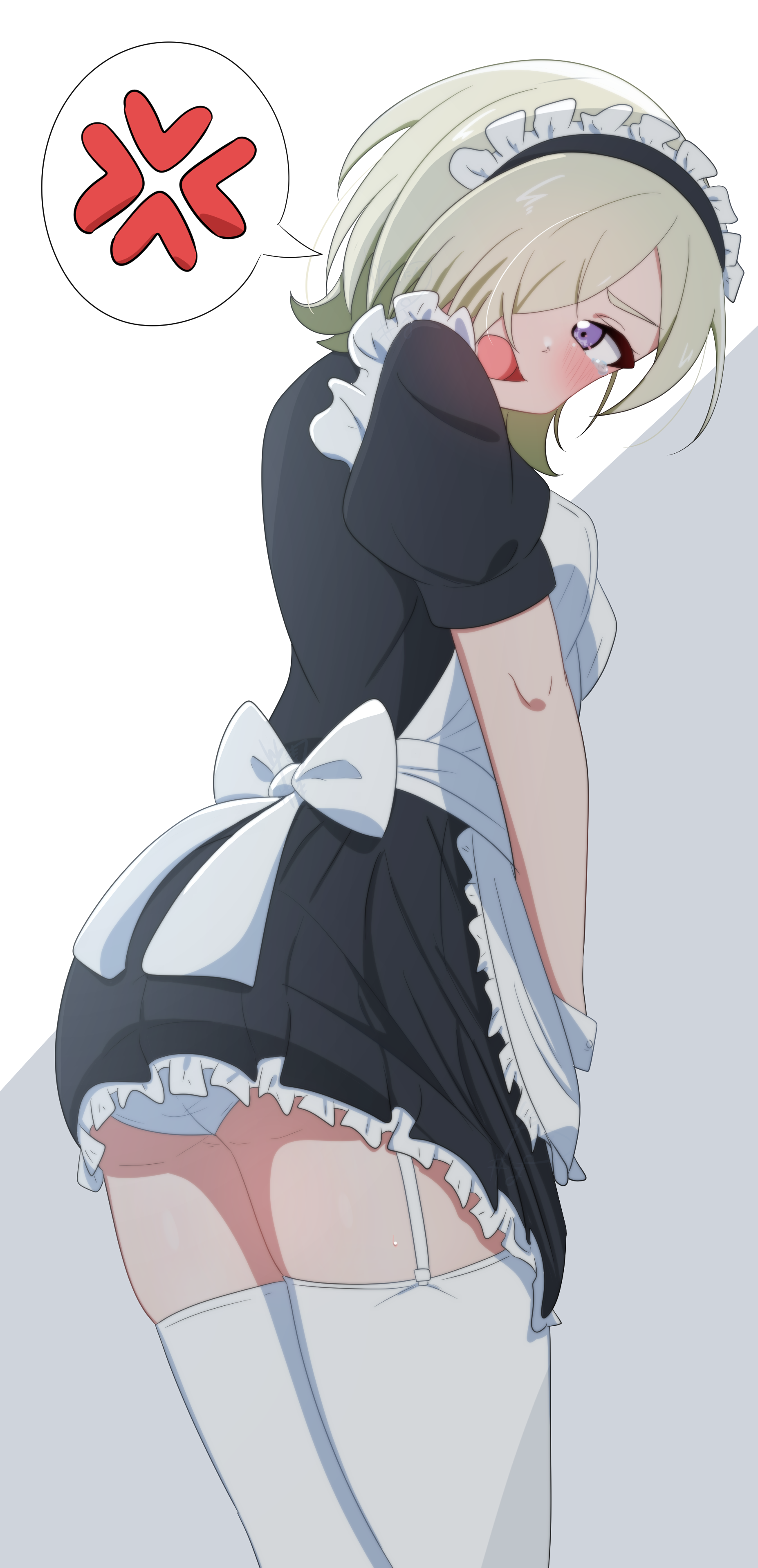 #yukitannpo, mia taylor, love live!, love live! nijigasaki high school idol club, absurdres, commentary request, highres, 1girl, anger vein, angry, ass, blonde hair, blush, hair over one eye, maid, one eye covered, open mouth, purple eyes, solo, spoken anger vein, thighhighs, thighs, white thighhighs