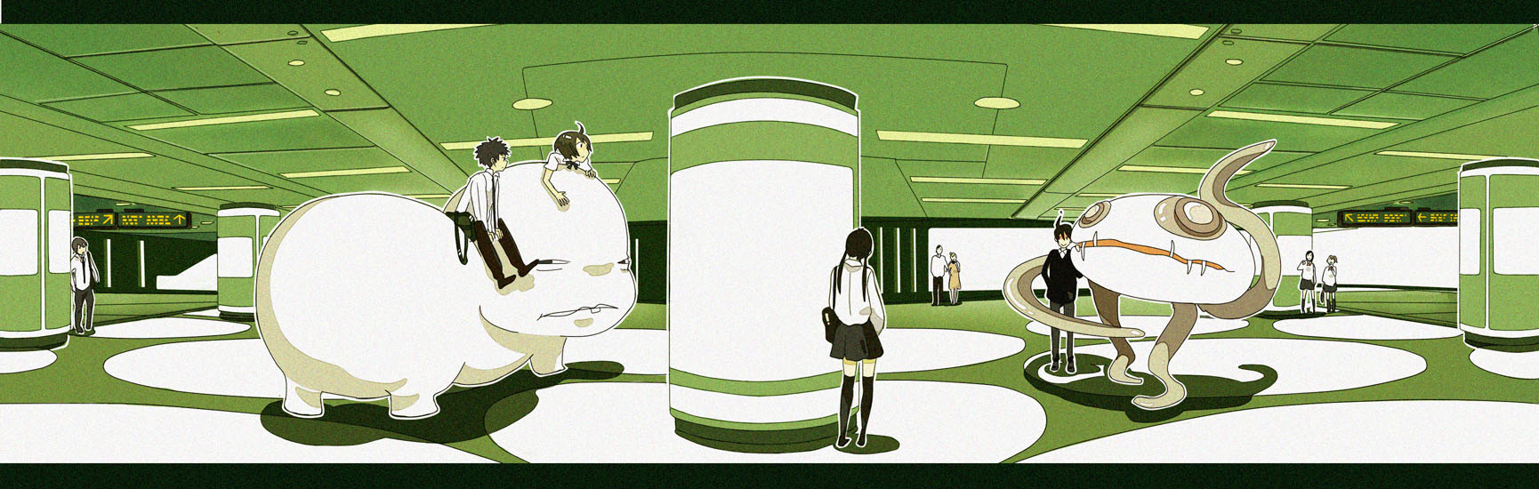 moruzo, cenco, kei (cencoroll), shuu (cencoroll), tetsu (cencoroll), yuki (cencoroll), cencoroll, bad id, bad pixiv id, highres, long image, wide image, 4boys, 5girls, bag, black hair, monster, multiple boys, multiple girls, school uniform